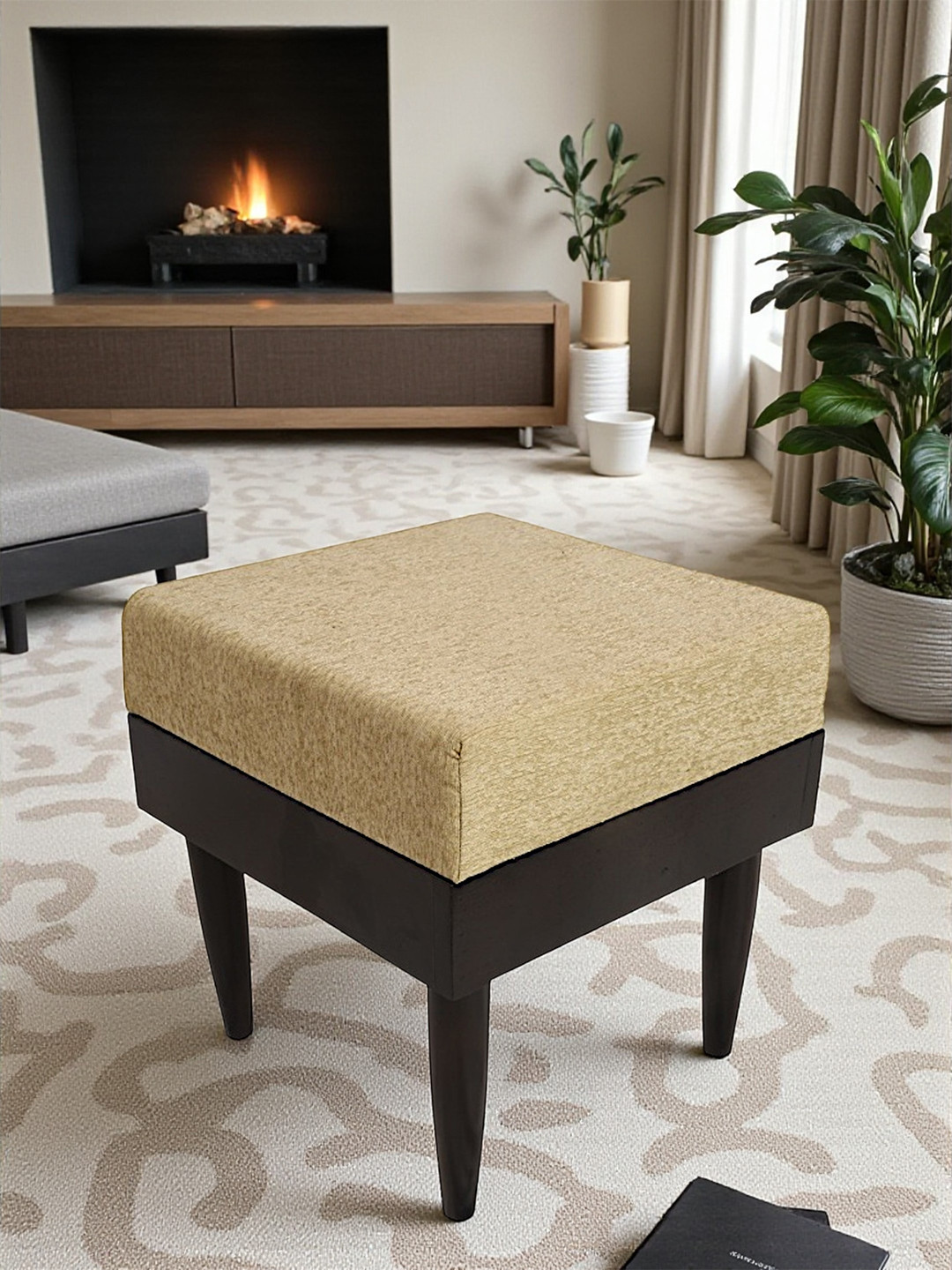 Ikiriya Lisbon Sheesham Wood Accent Square Stool In Beige Mossy Fabric Upholstery