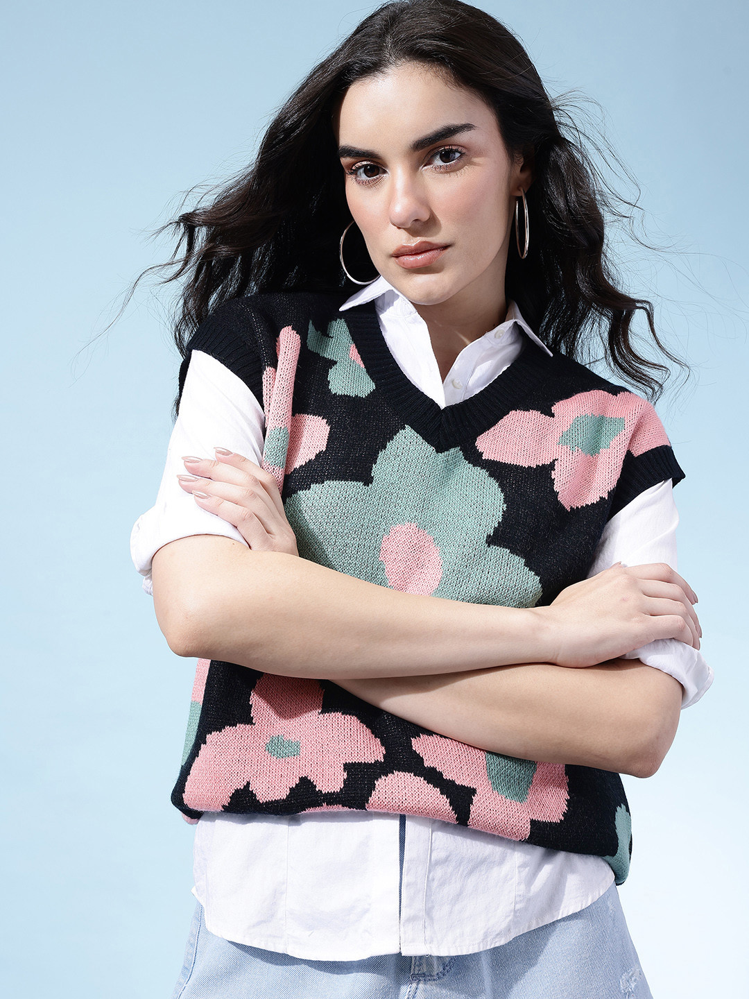 glitchez Floral Printed Sleeveless V-Neck Oversized Sweater Vest