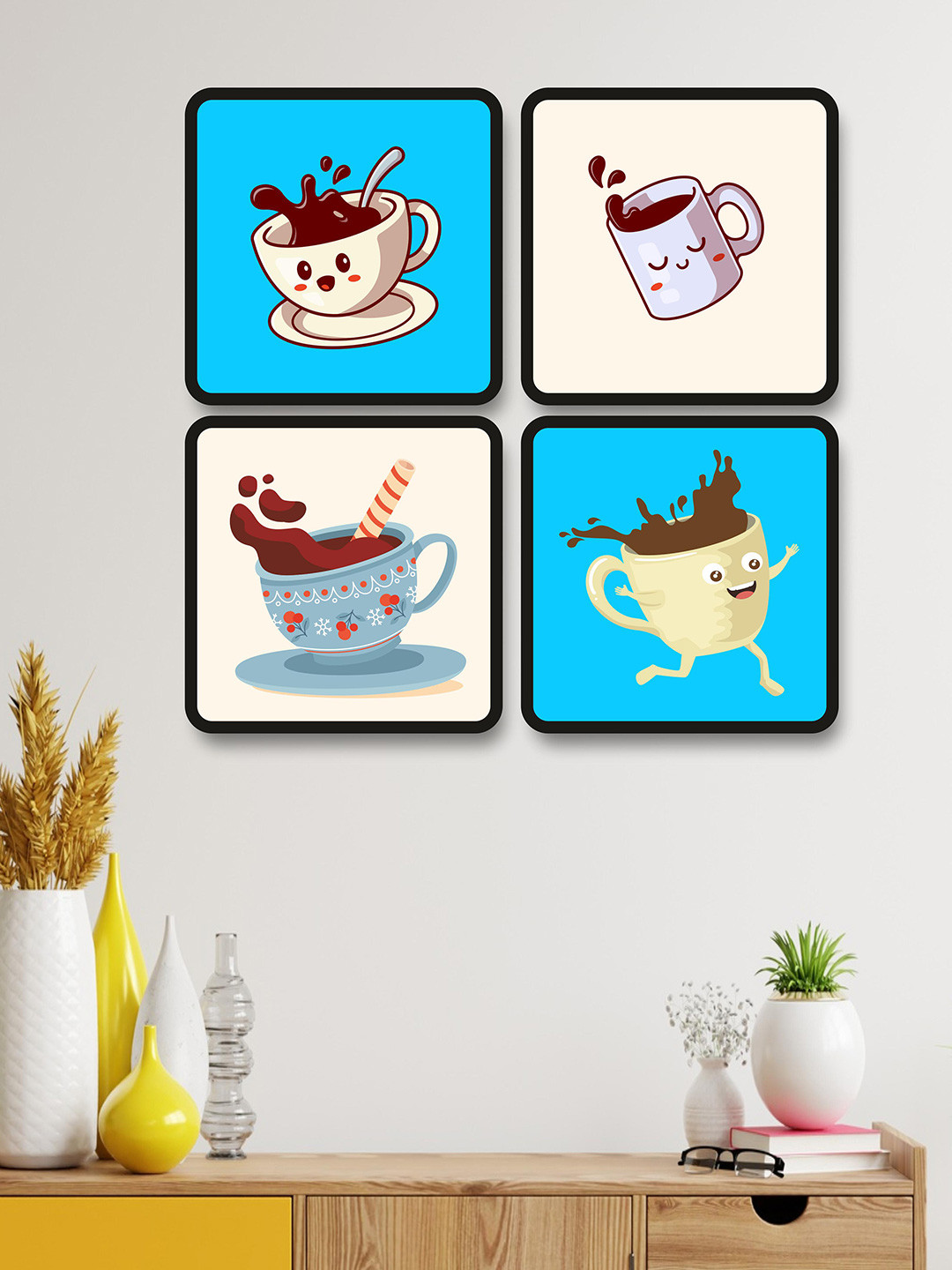 SAF White & Blue 4-Pieces Coffee Theme Printed Framed Wall Art