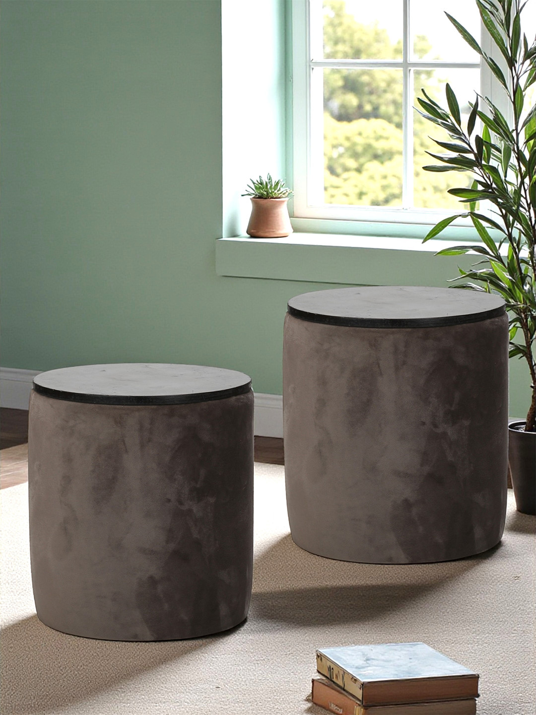 Ikiriya Wayne Solid Wood Accent Round Set Of 2 Pouffees In Taupe Brown Velvet Upholstery