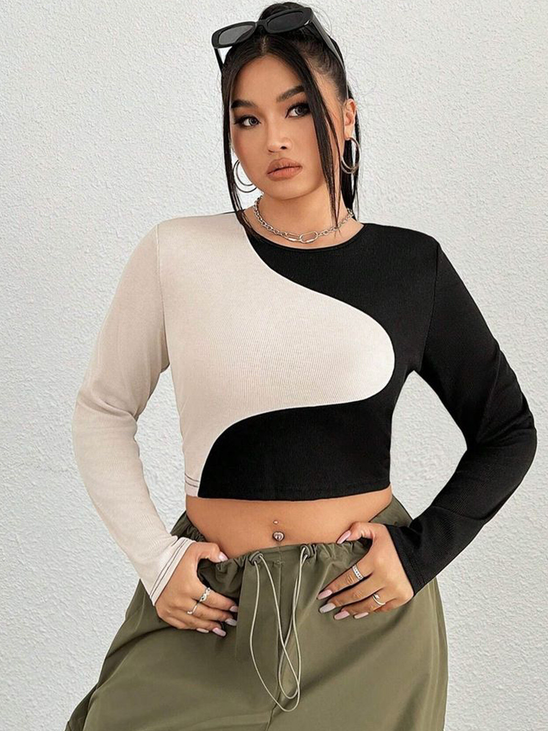 LULU & SKY Plus Size Colourblocked Crop Top with Long Sleeves