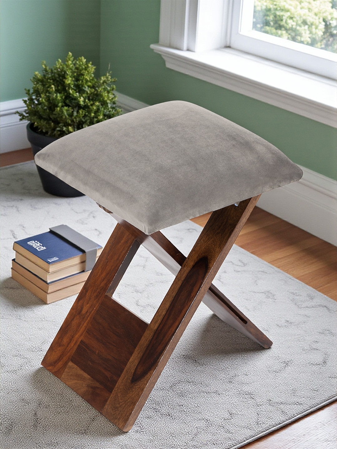 Ikiriya Dayton Sheesham Wood Accent Square Foldable Stool In Grey Cotton Velvet Upholstery