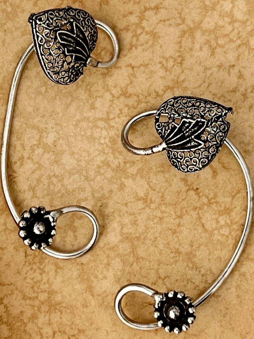 ISHKAARA Silver-Plated Oxidised Leaf Ear Cuffs