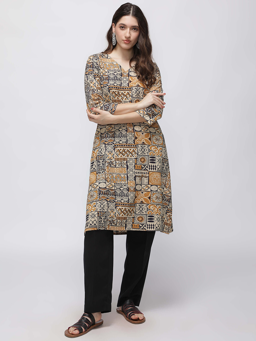 IDK Ethnic Motifs Printed V-Neck Straight Kurta