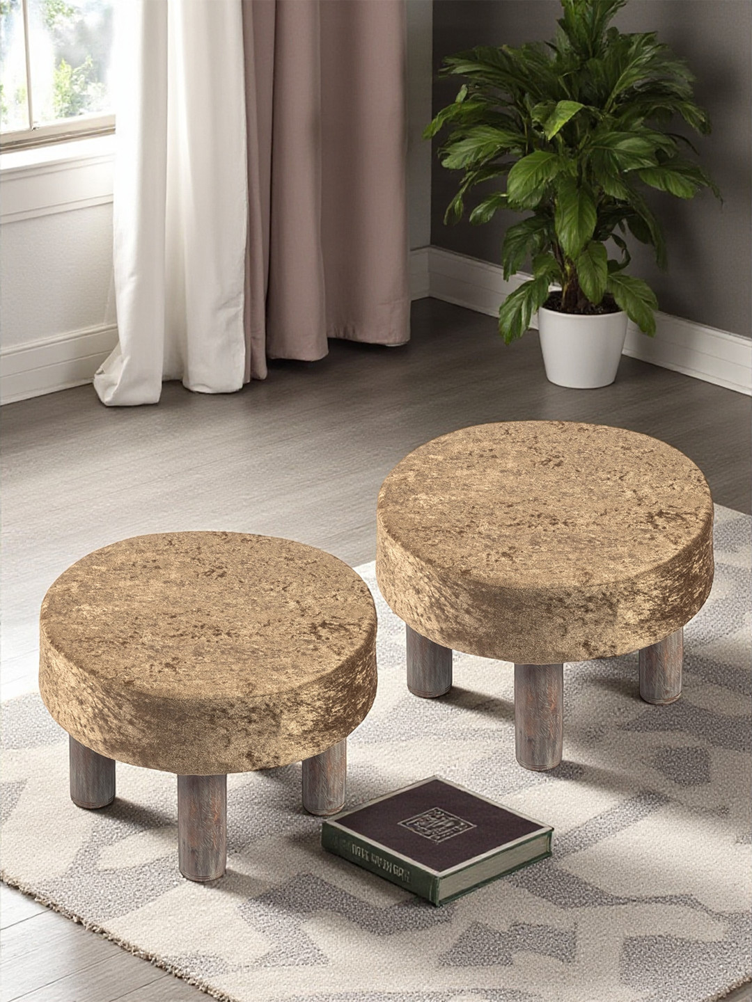 Ikiriya Sheesham Wood Accent Round Set Of 2 Foot Stools In Green Sparkle Velvet Upholstery