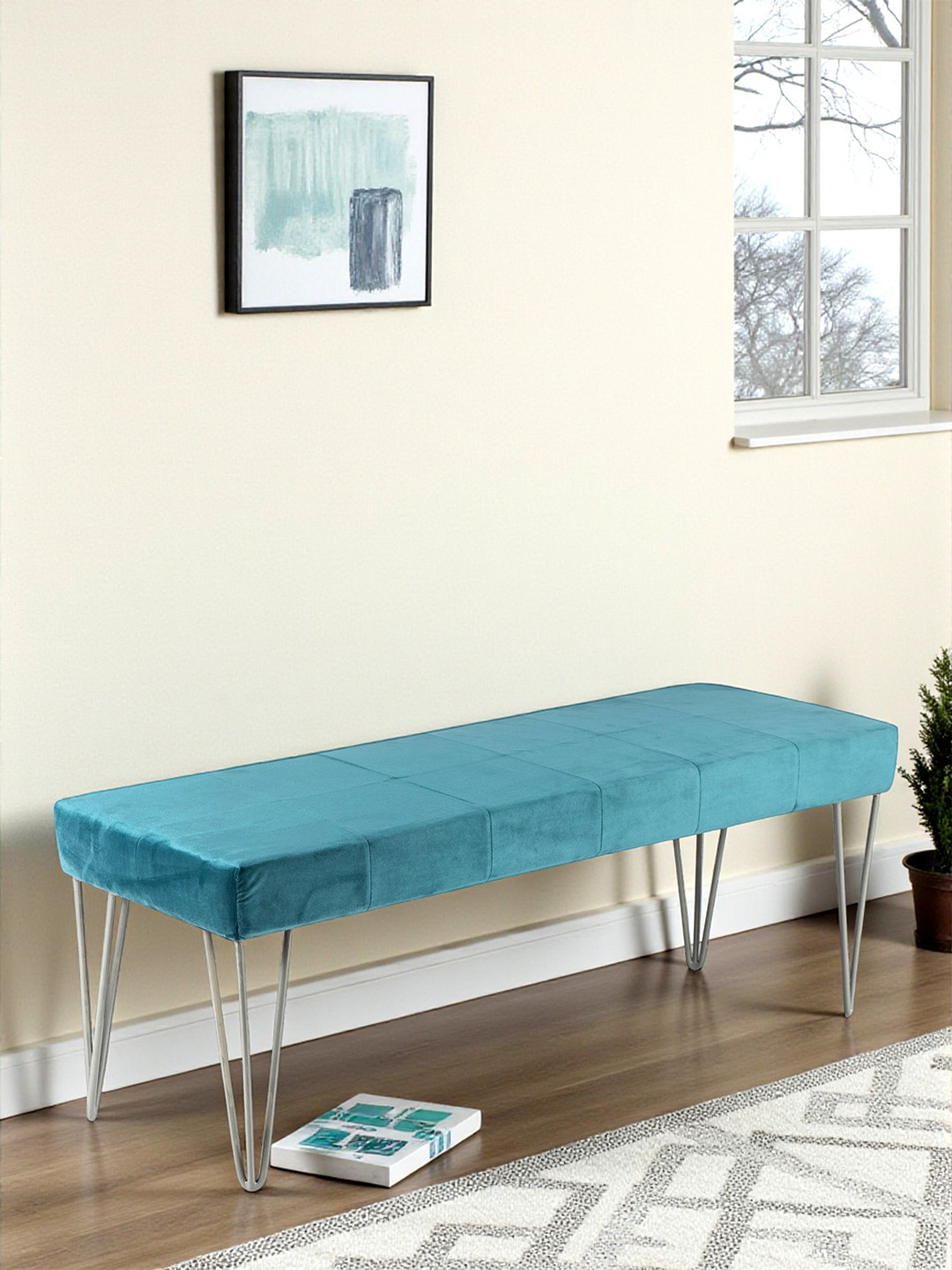 Ikiriya Sheesham Wood Accent 3 Seater Bench With Metal Legs In Turquoise Sea Velvet