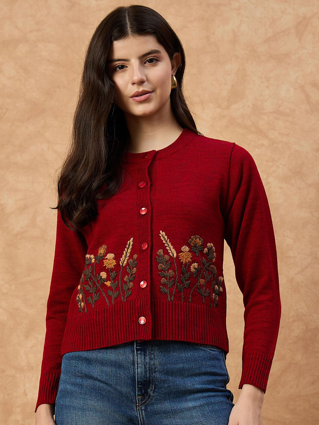 CLAPTON Women Embroidered Woollen Cardigan with Embroidered Detail
