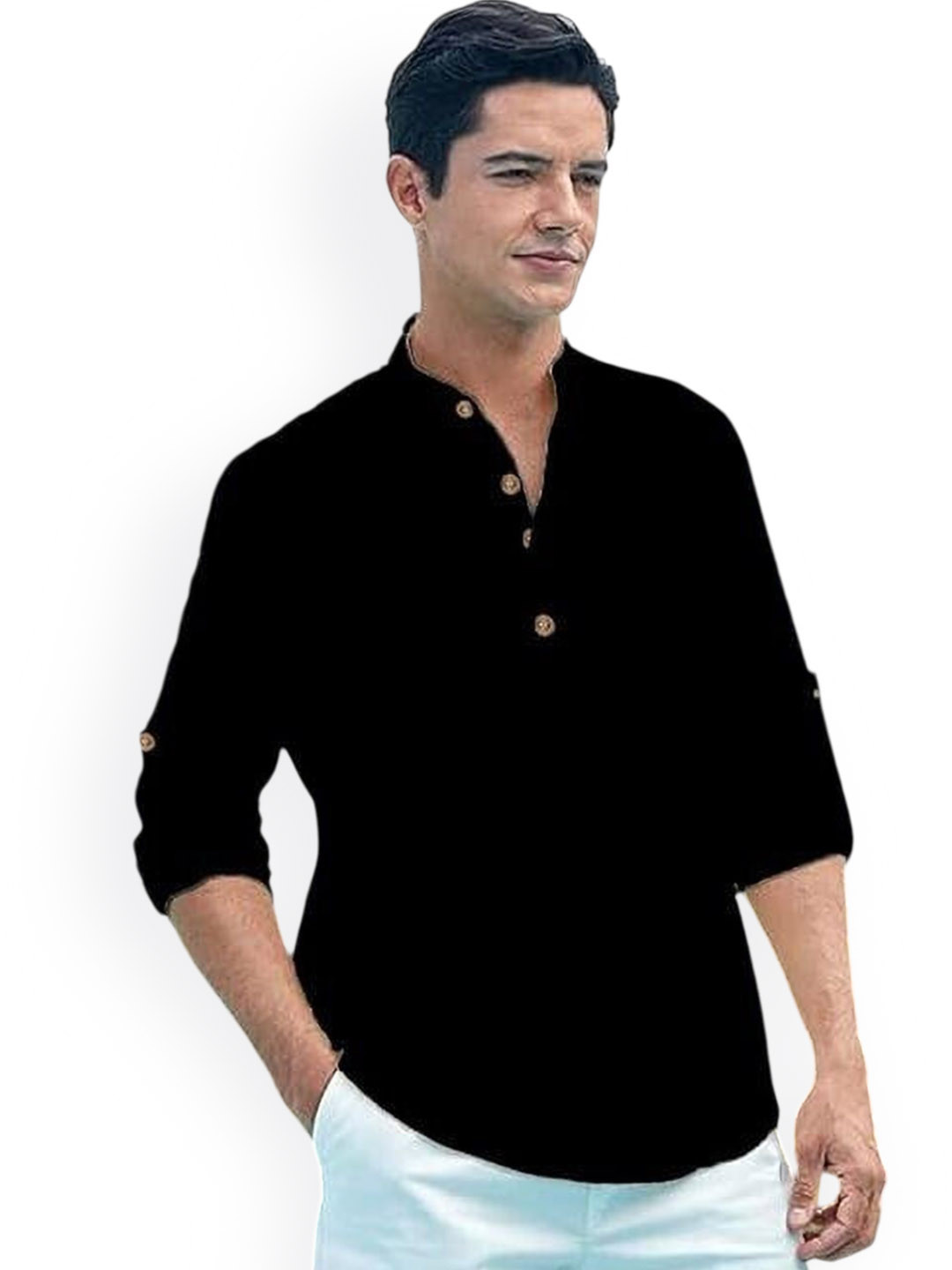 EdinWolf Men Mandarin Collar Roll-Up Sleeves Long Sleeves Cotton A-Line Kurta