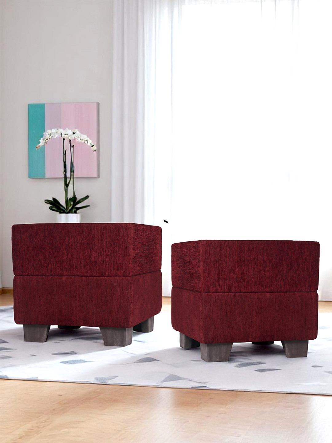 Ikiriya Solid Wood Contemporary Square Set Of 2 Pouffees In Maroon Mossy Fabric Upholstery