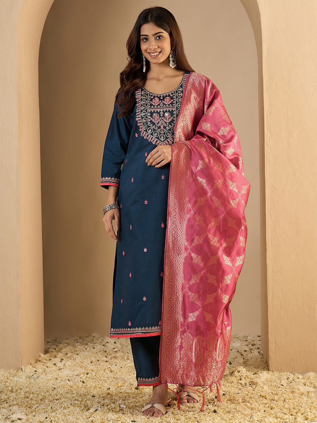 VredeVogel Women's Embroidered Viscose Rayon Kurta with Pant & Dupatta Set