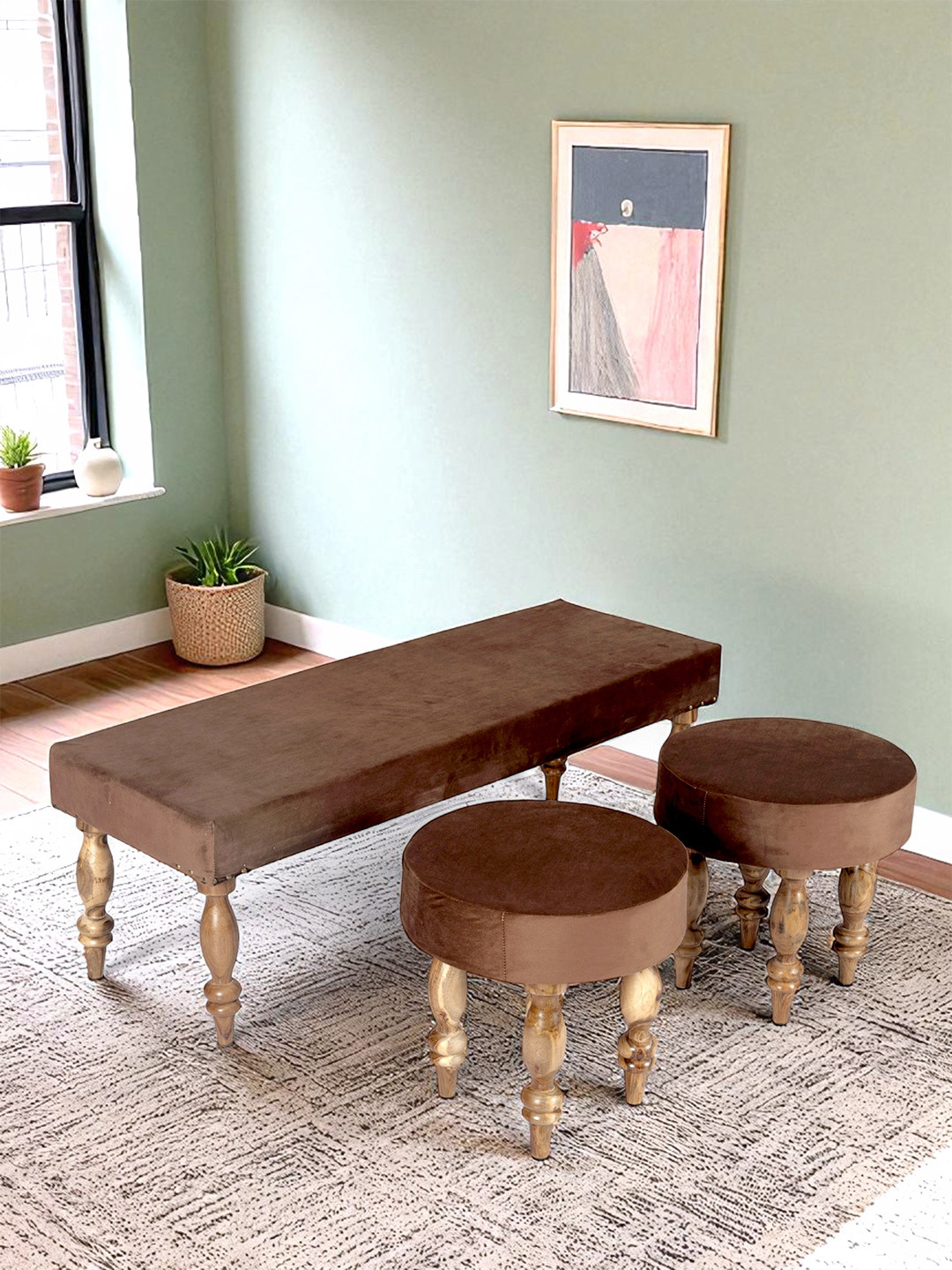 Ikiriya Sheesham Wood Accent 3+1+1 Seater Bench Set With 2 Stools In Taupe Brown Velvet