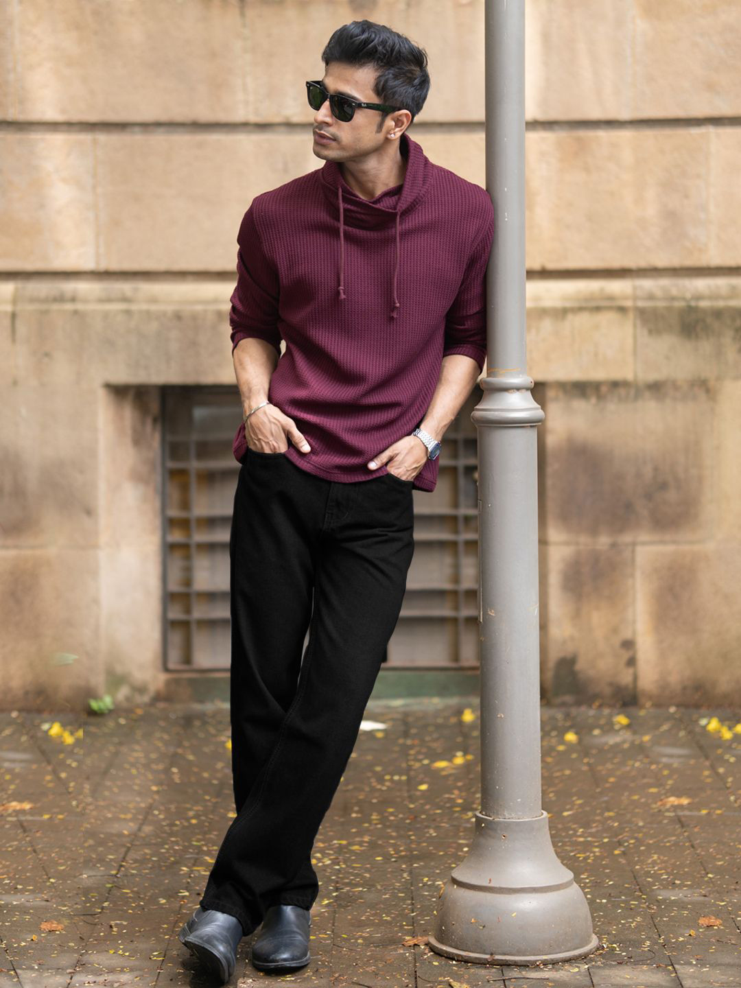Powerlook Men Self Design High Neck Relaxed Fit T-shirt