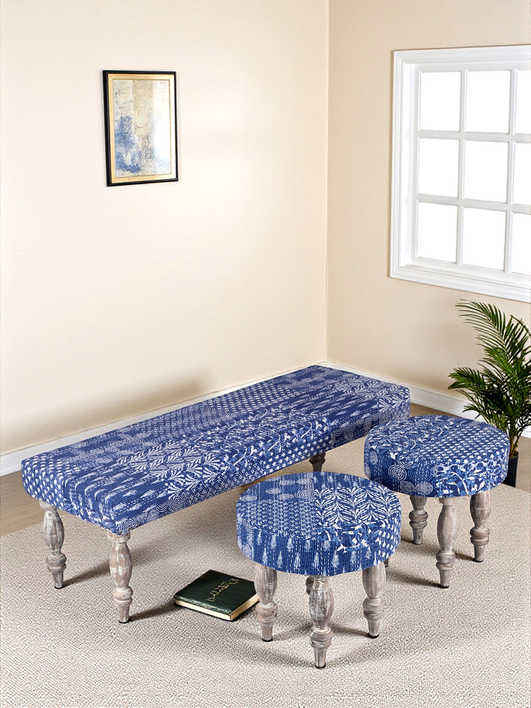 Ikiriya Solid Wood Mid Century 3+1+1 Seat Bench Set With 2 Stools In Indigo Patch Kantha