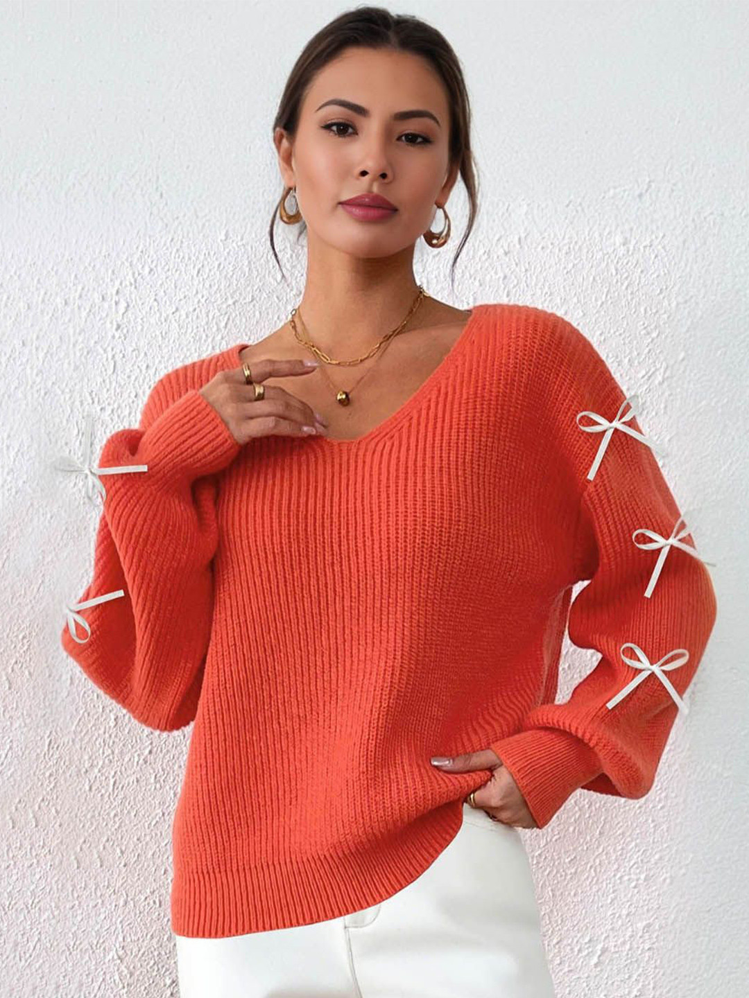 Blooming Tales Women V-Neck Ribbed Tie-up Pullover Sweaters