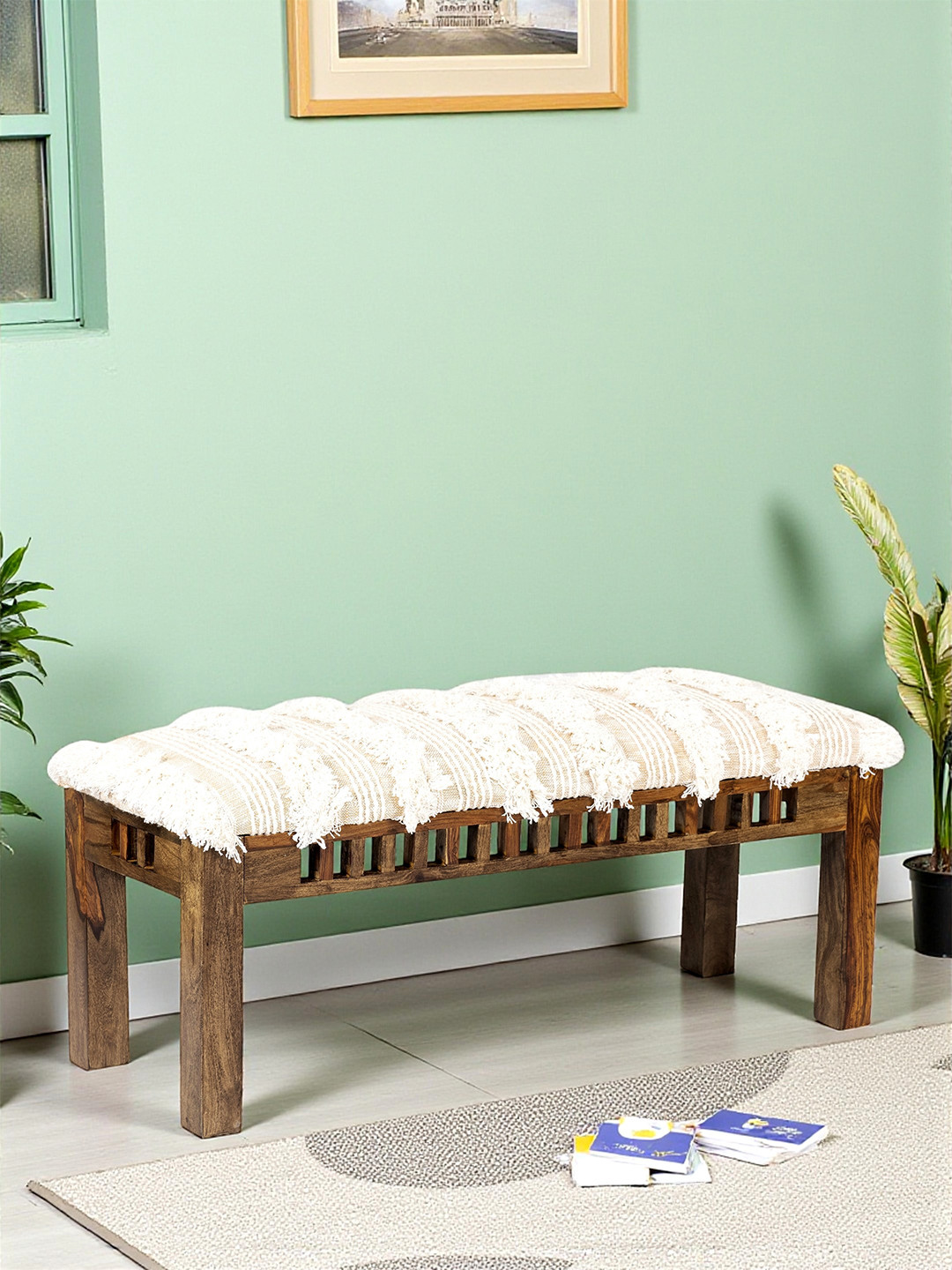 Ikiriya Milford Sheesham Wood Mid Century 3 Seater Bench In Beige Fabric With Fringes