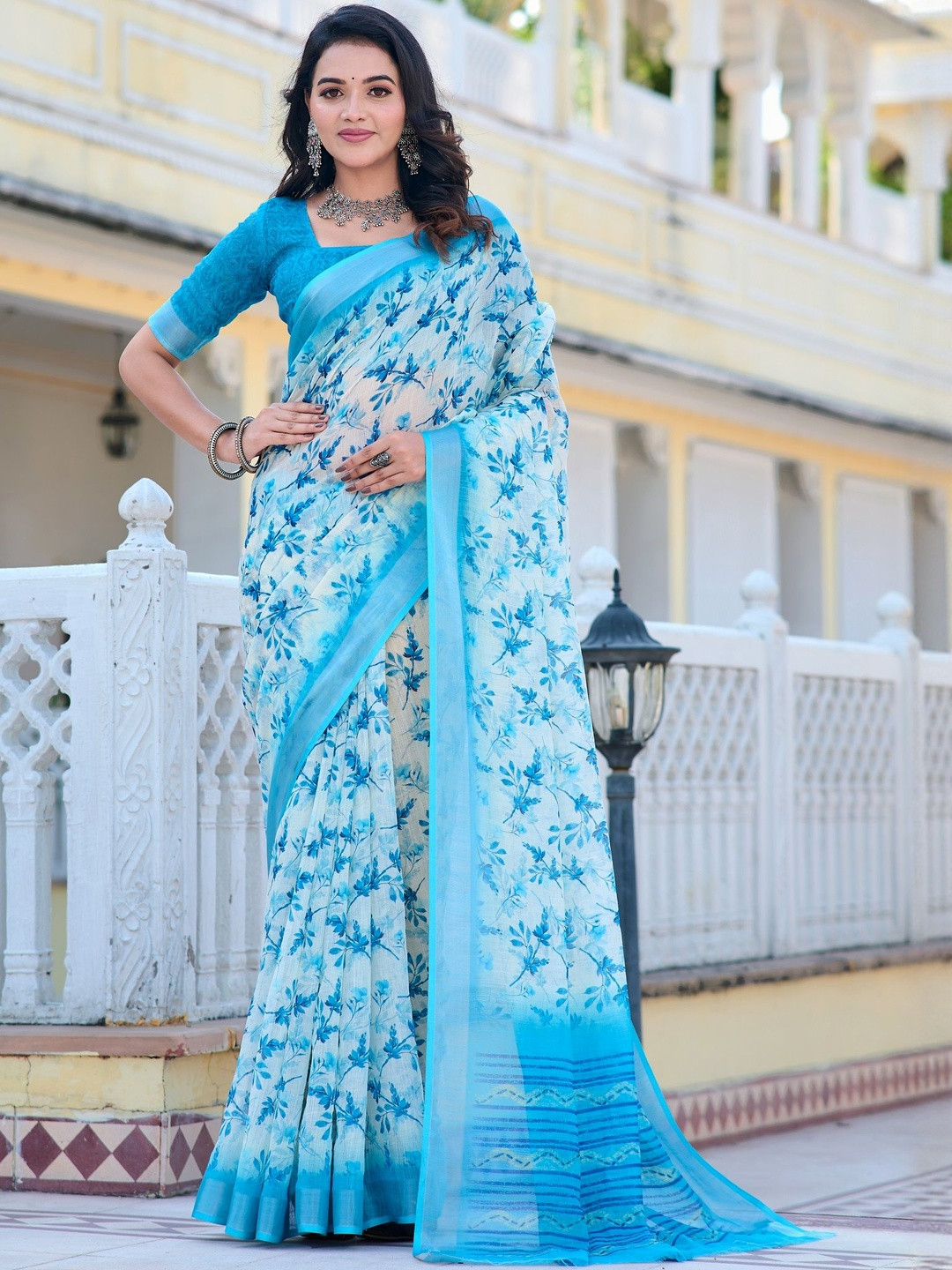ZILVIRA Floral Digital Print Pure Linen Block Print Saree