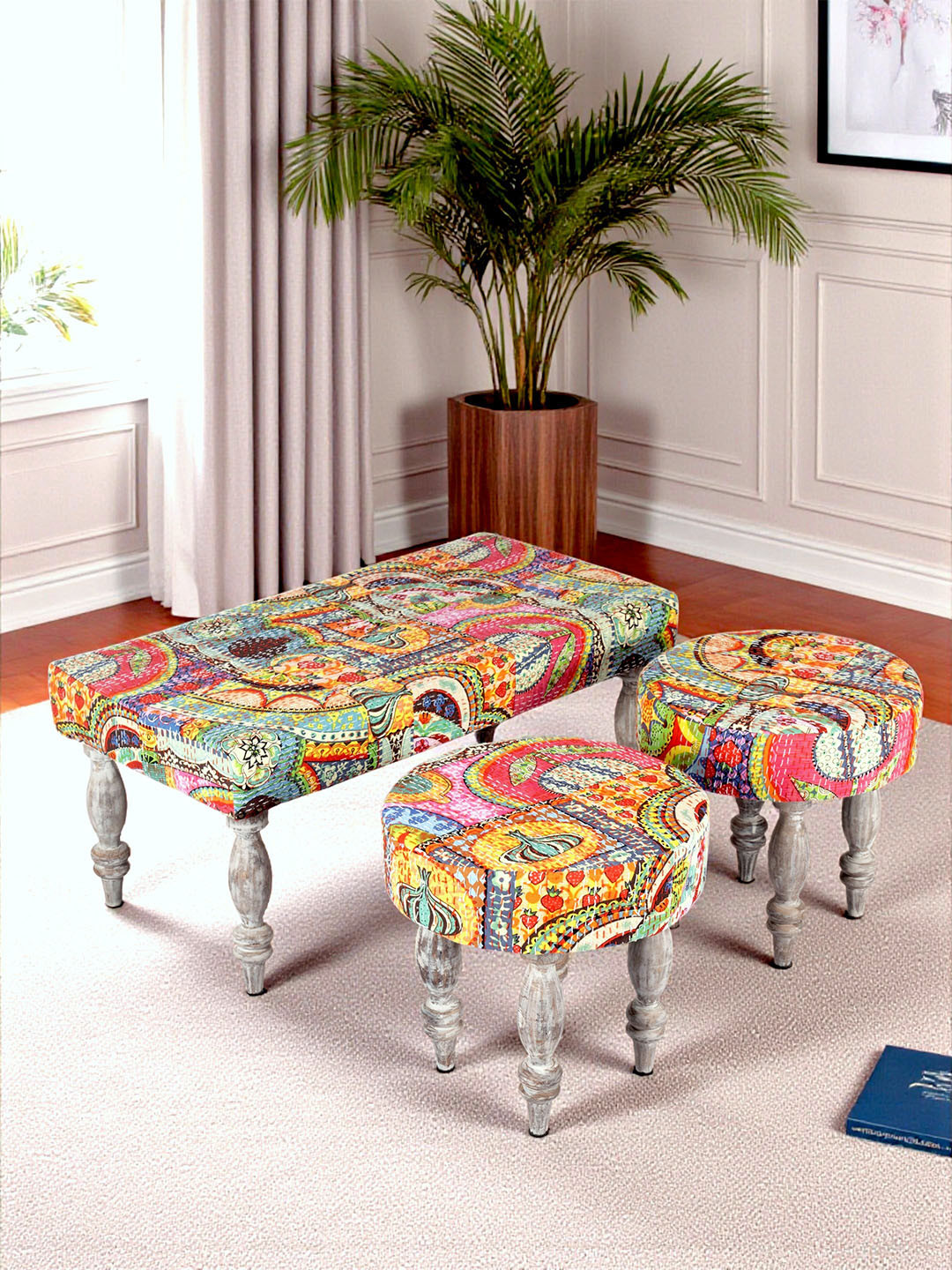 Ikiriya Sheesham Wood 2+1+1 Seater Bench With 2 Stools In Israel Print Patchwork Kantha
