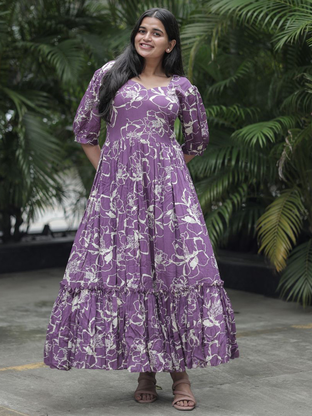 indian rani Floral Print Puff Sleeve Ruffled A-Line Maxi Dress