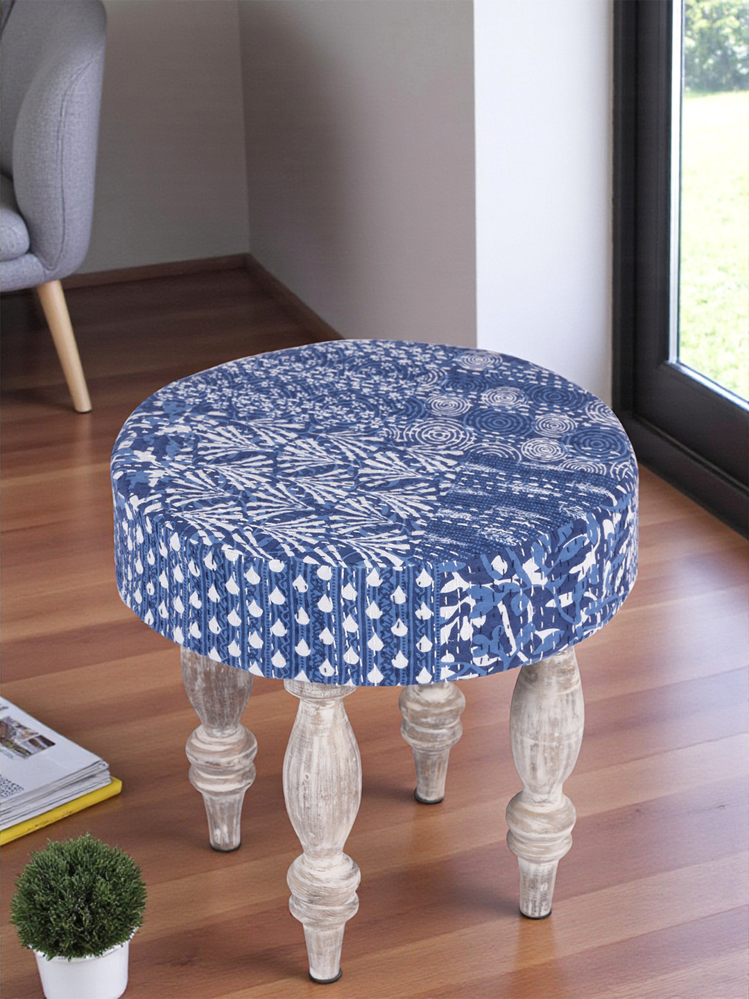 Ikiriya Sheesham Wood Mid Century Round Stool In Indigo Patchwork Kantha Upholstery