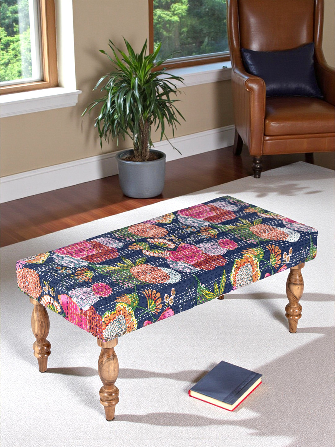 Ikiriya Bestone Sheesham Wood Mid Century 2 Seater Bench In Fruit Print Blue Kantha