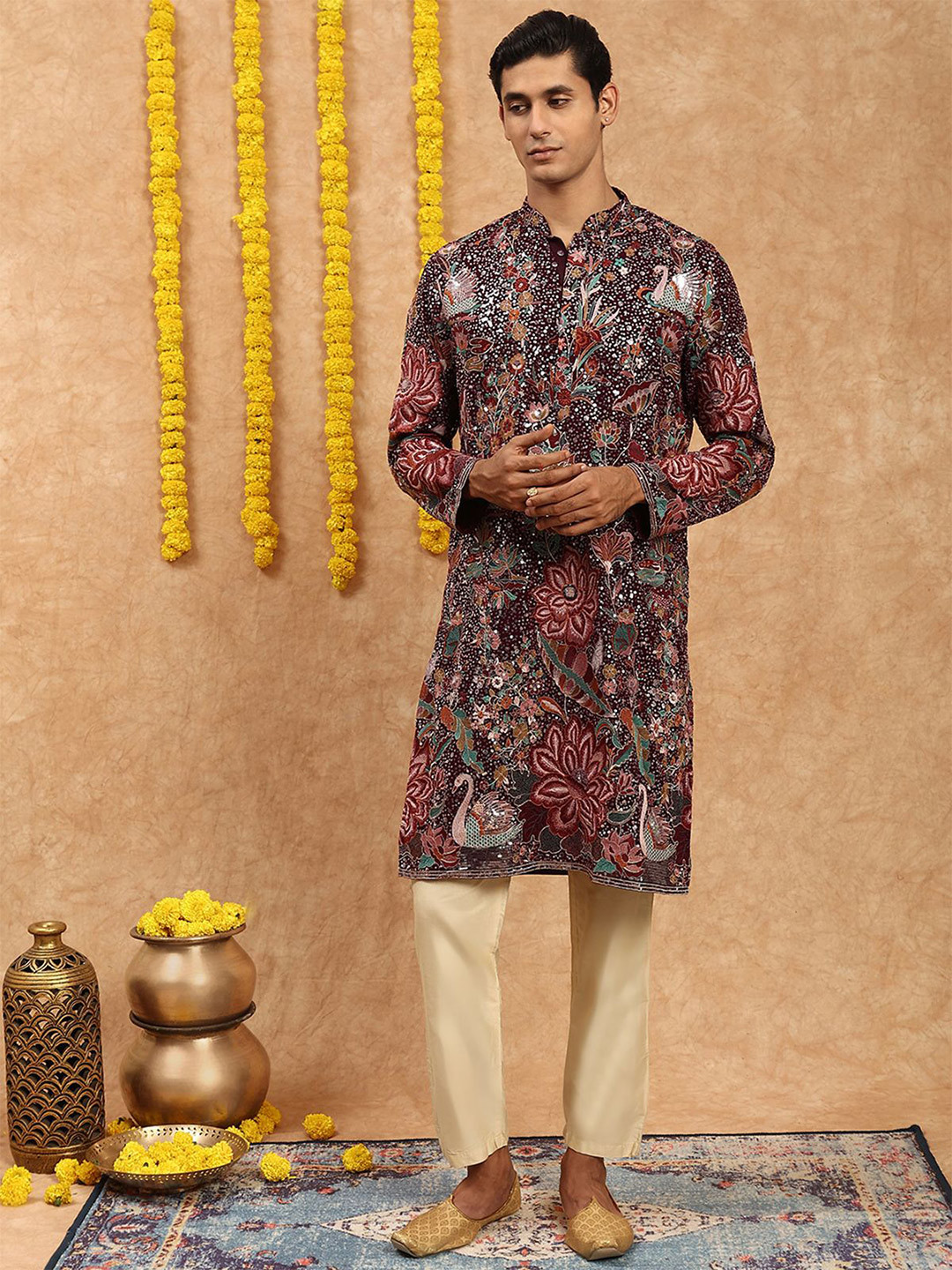 SOURAGYA Mandarin Collar Ethnic Motifs Embroidered Sequinned Georgette Kurta