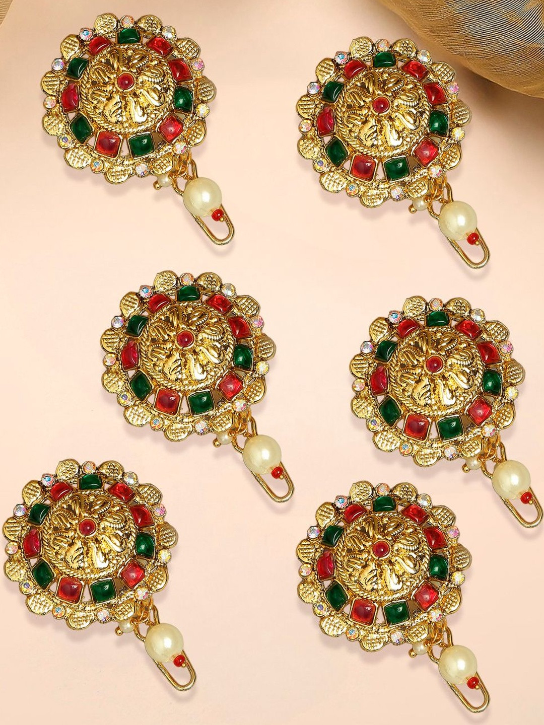 Anouk Women 6 Pcs Pink & Gold-Plated Artificial Stones Metal Braided Hair Jewellery