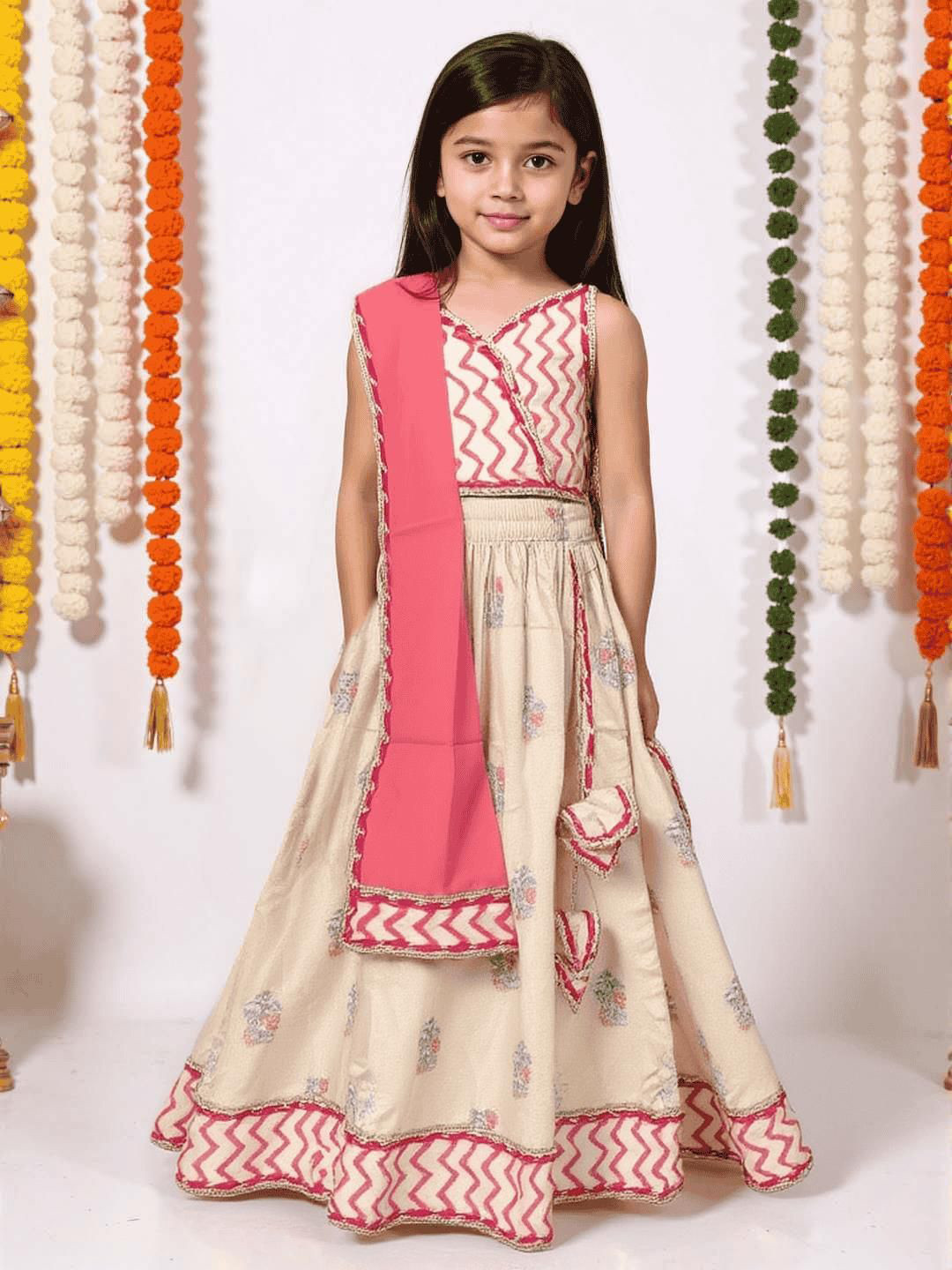 Nauti Nati Girls Pink & Cream Festive Printed Cotton Lehenga With Choli & Dupatta