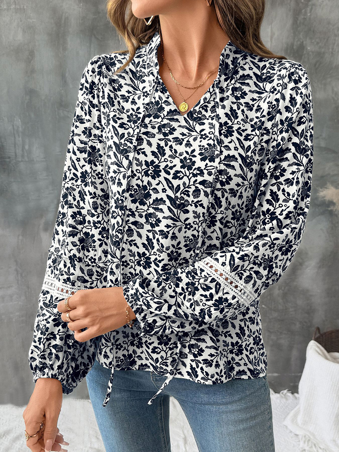 StyleCast Women Floral Printed Lace Insert Long Sleeve Top