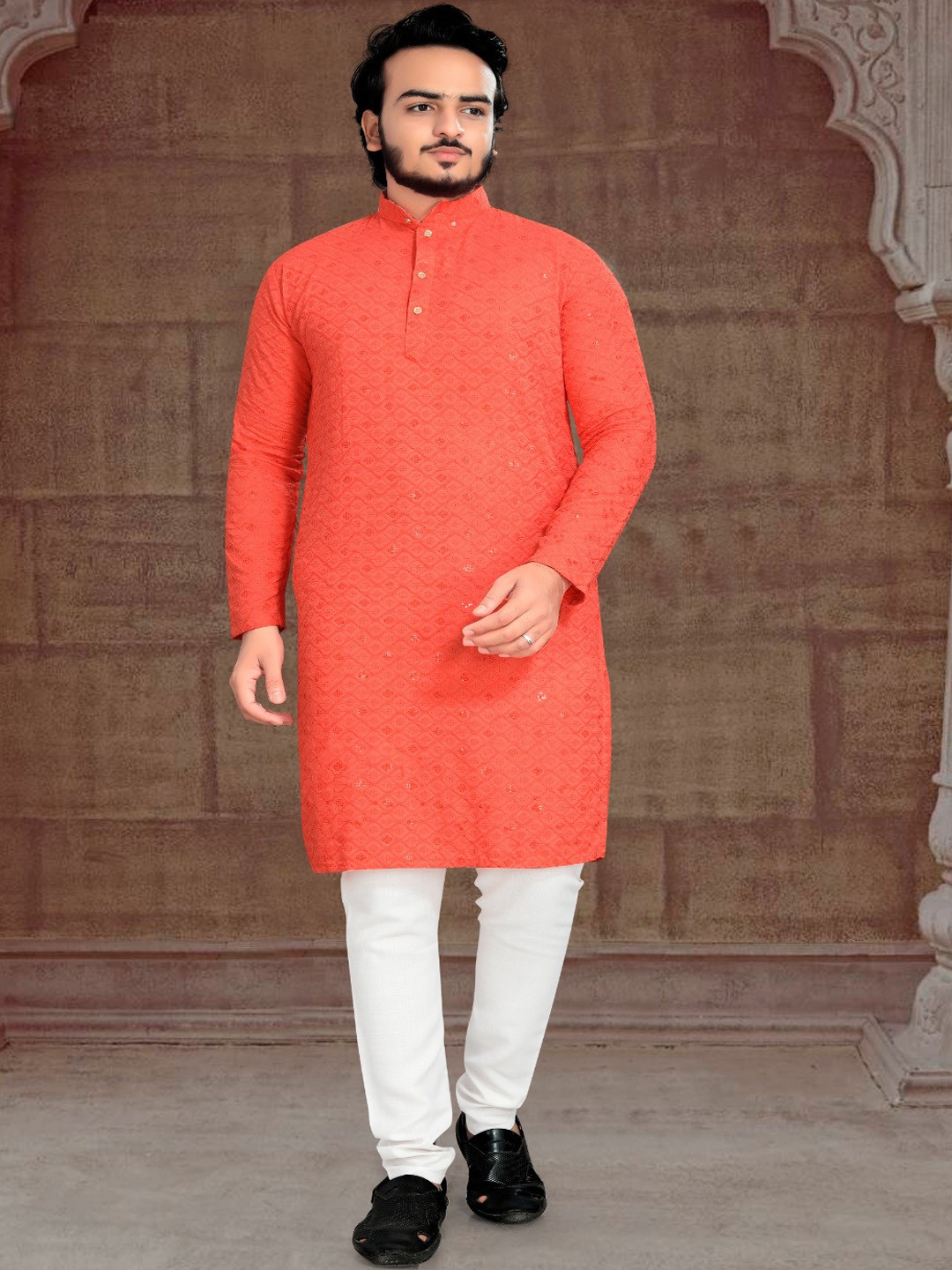 Riddhi Siddhi Enterprises Men Geometric Woven Design Chikankari Cotton Kurta