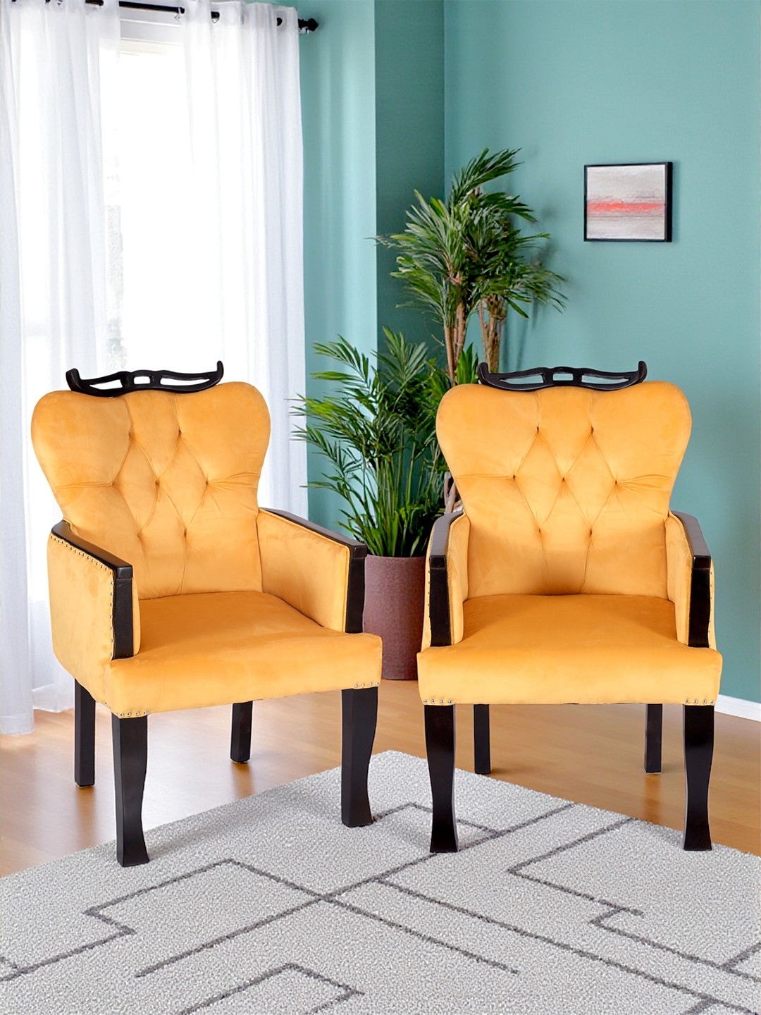 Ikiriya Arista Sheesham Wood Accent Set Of 2 Lounge Chair In Yellow Velvet Upholstery