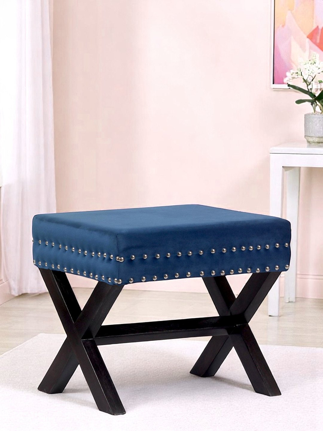 Ikiriya Rosslyn Sheesham Wood Accent Rectangle Ottoman In Navy Blue Velvet Upholstery