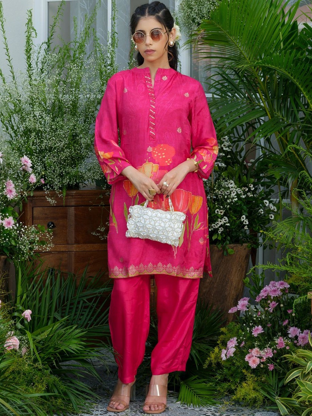 Sangria Women Pink Viscose Silk Floral Co-ord Kurta Set