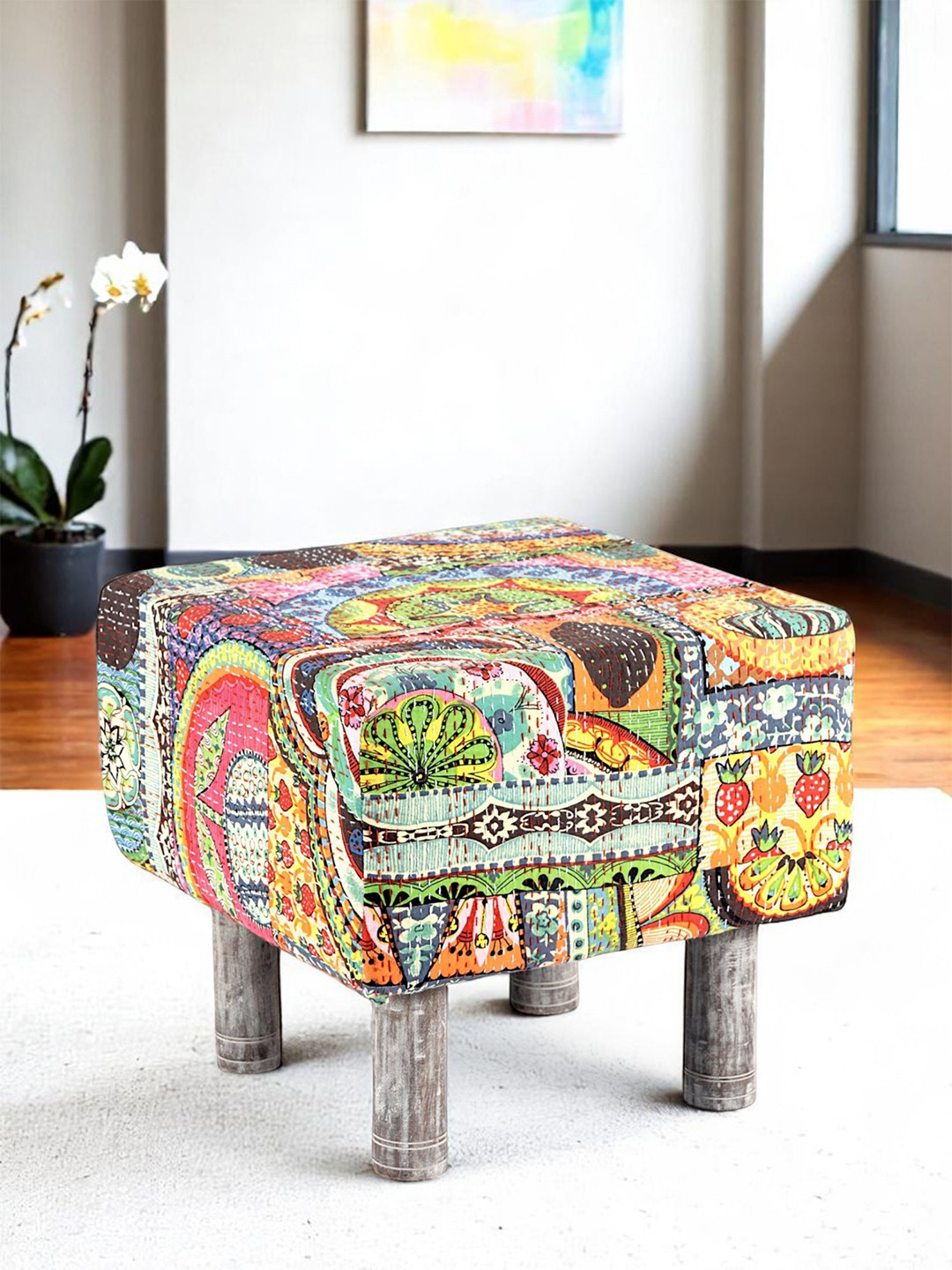 Ikiriya Verona Acacia Wood Square Pouf Stool In Israel Print Patchwork Kantha Upholstery