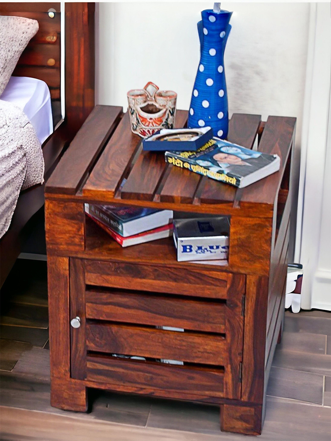 Ikiriya Harvey Sheesham Wood Contemporary Bedside Table/ End Table In Pine Finish (Lgo)