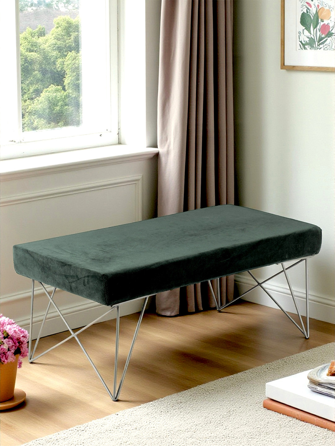 Ikiriya Zenith Sheesham Wood Accent 2 Seater Bench With Metal Legs In Green Cotton Velvet