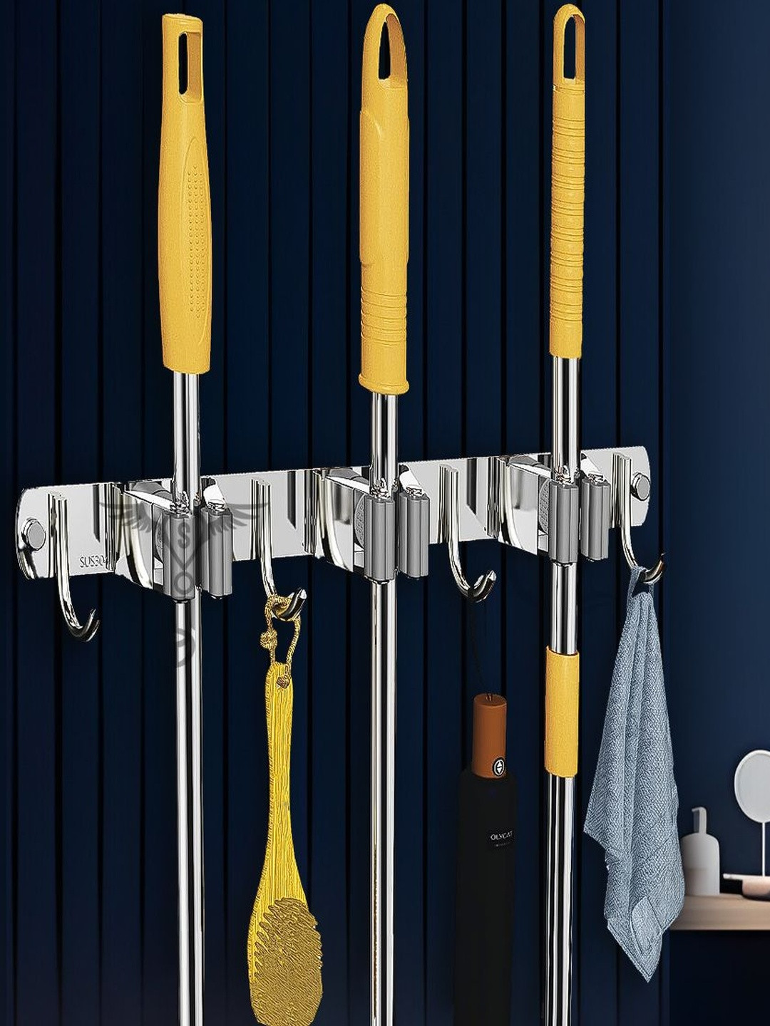 Sittella Stainless Steel 3 Racks with 4 Hooks Wall Mounted Broom & Mop Stick Holder