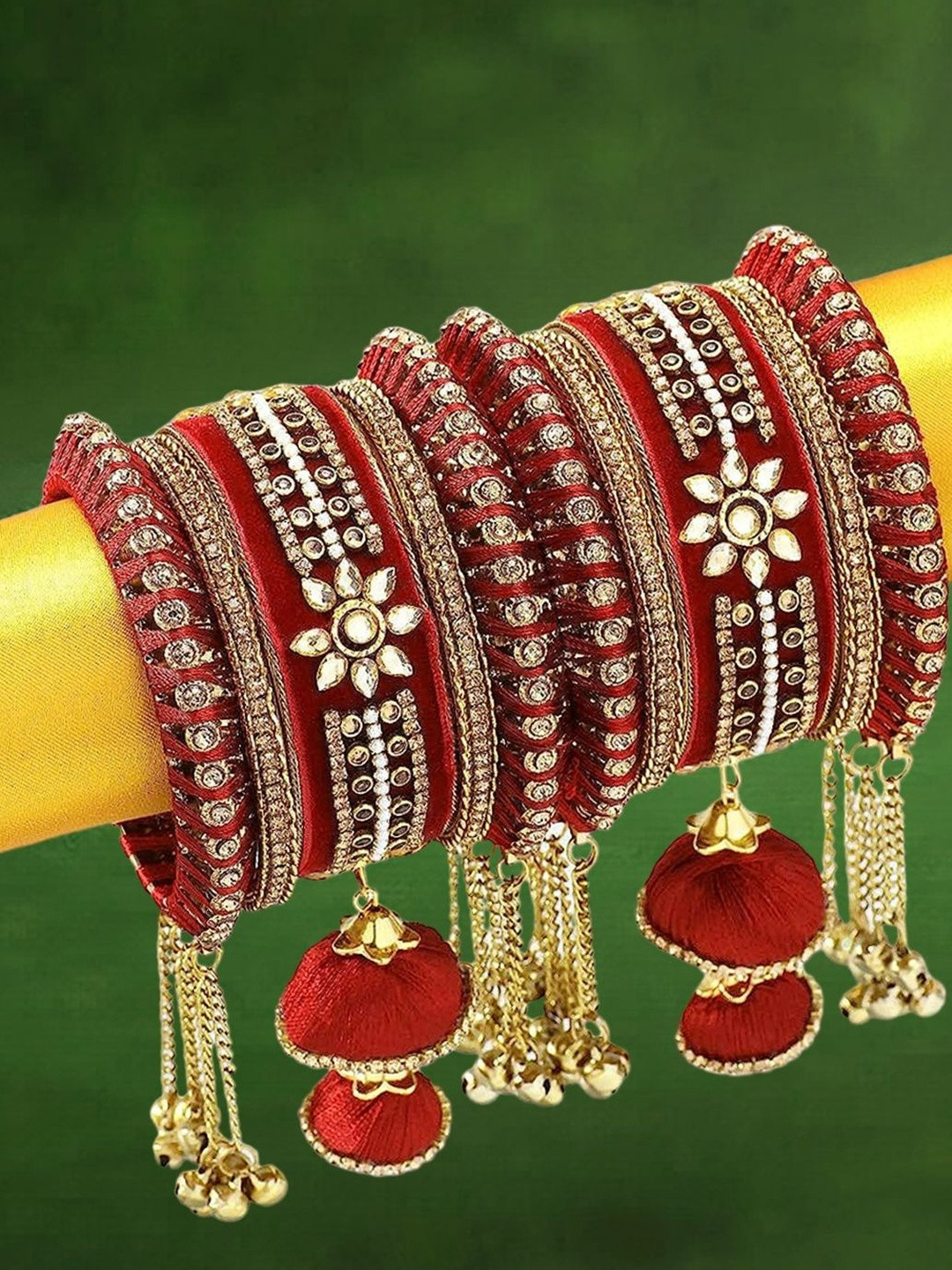 fabula Set Of 10 Velvet & Silk Thread With Kundan Studded Chuda Bangles