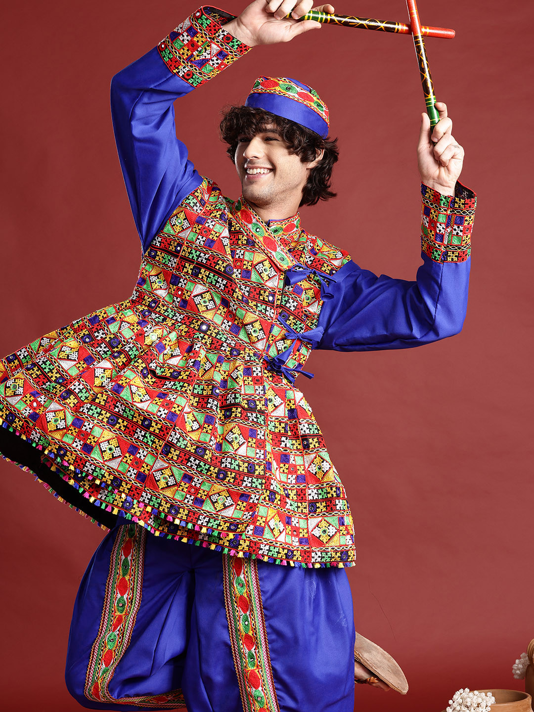 PulseIQ Ethnic Motifs Embroidered Angrakha Navaratri Kediya Set with Dandiya & Cap