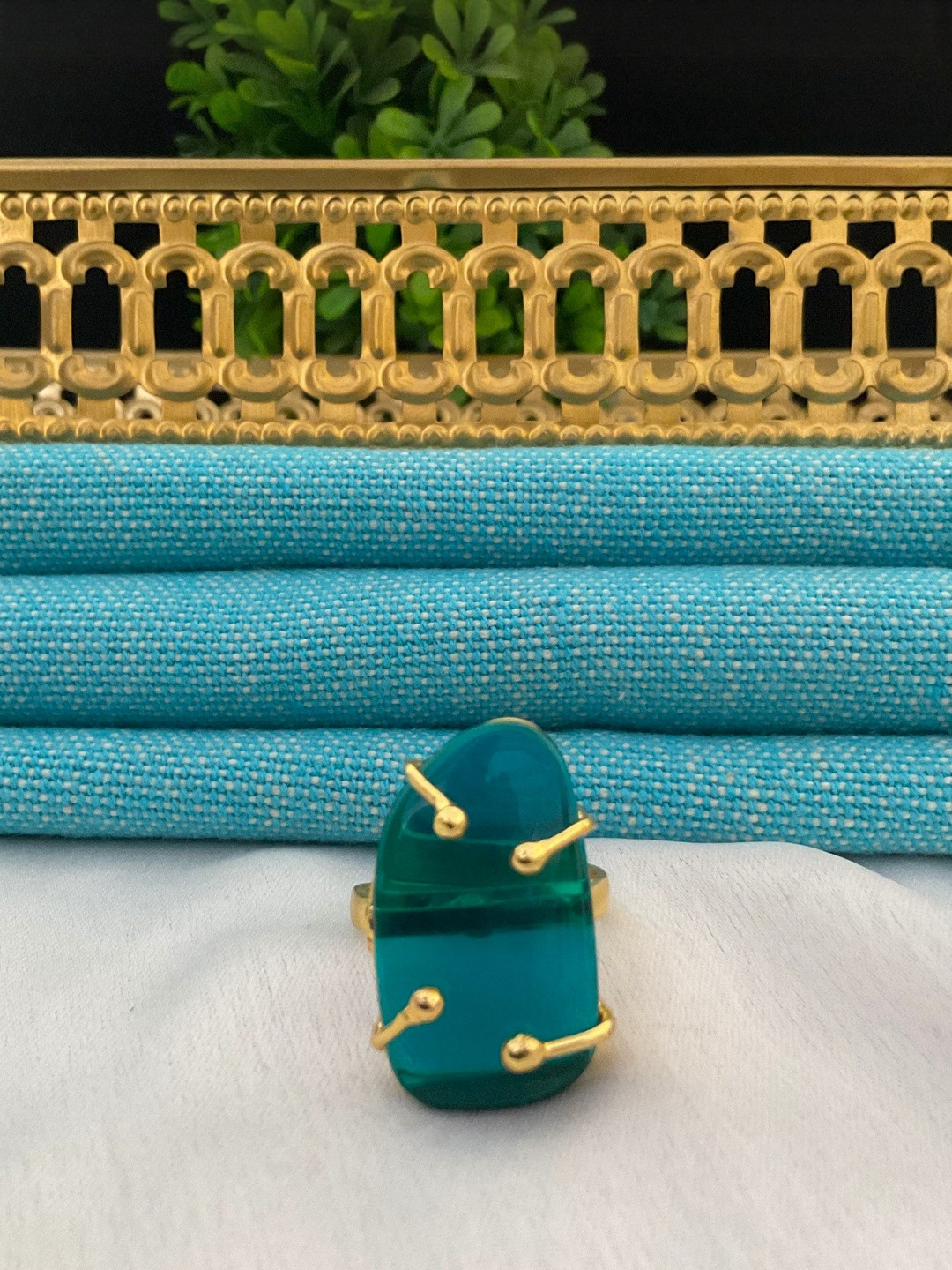 MOHATI Women Teal Stone Gold-Plated Finger Ring