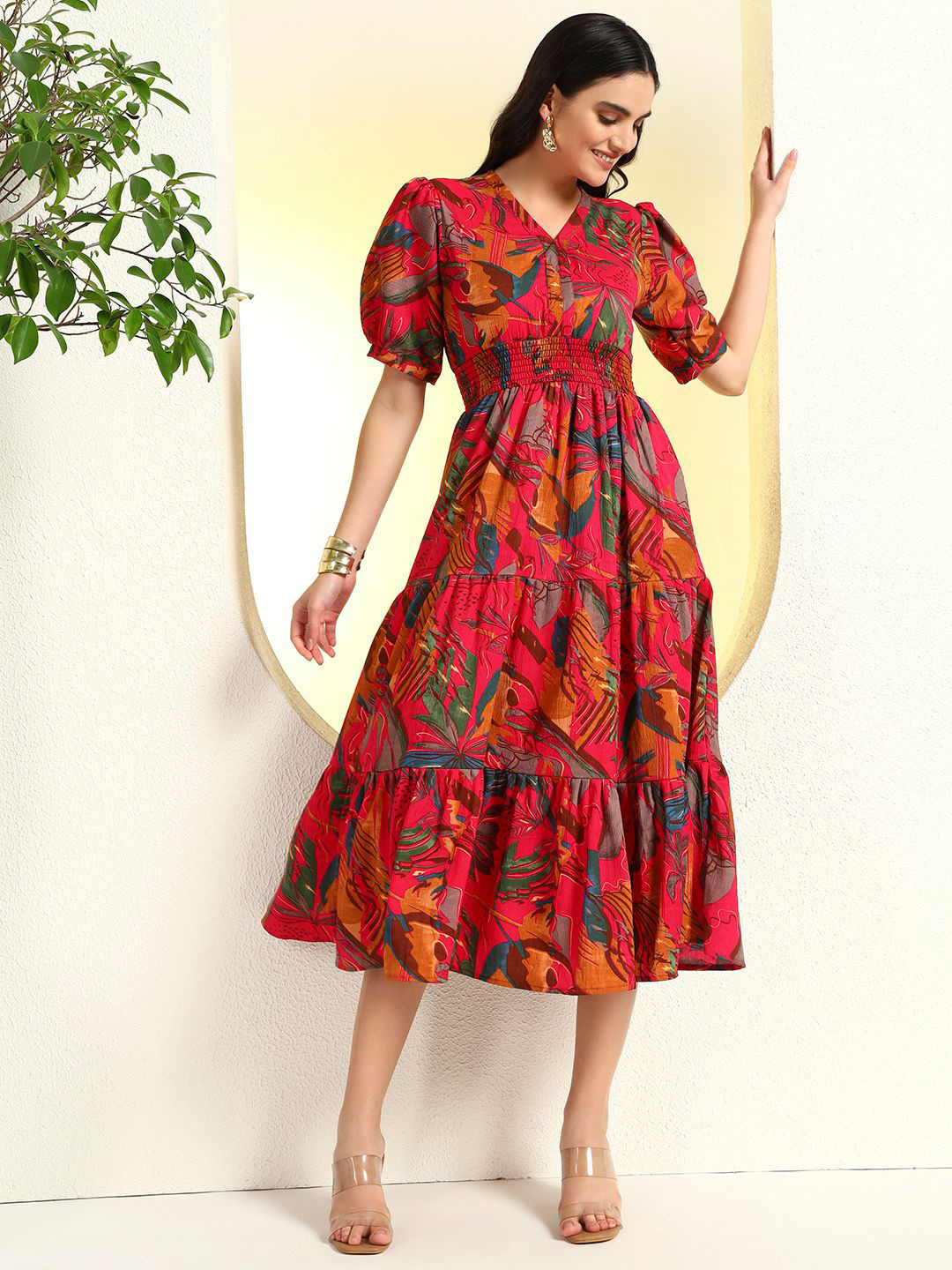 PTVIZE Abstract Printed Puff Sleeves Crepe Fit and Flare Dress