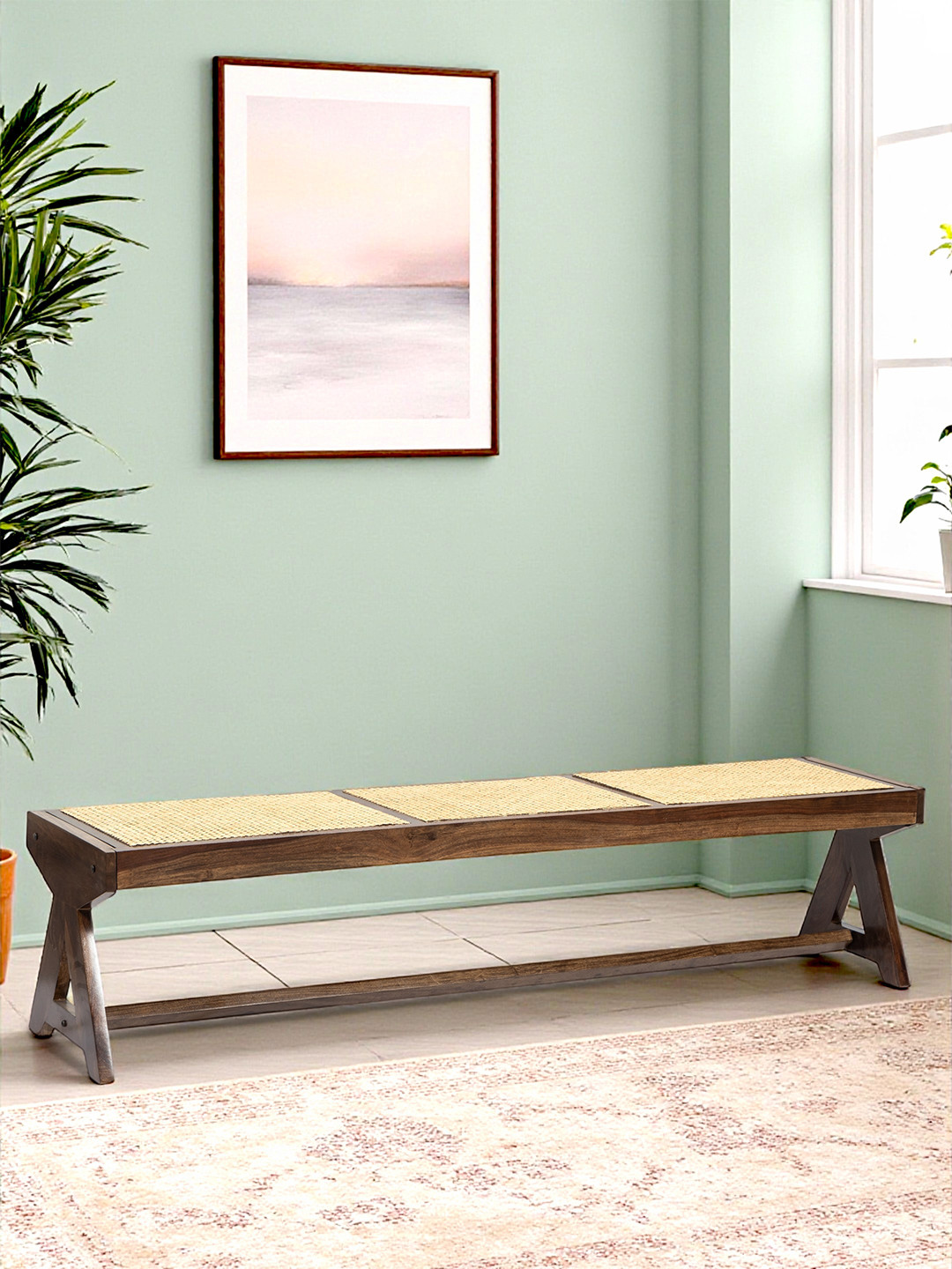 Ikiriya Rockport Sheesham Wood Mid Century 4 Seater Bench With Rattan Work