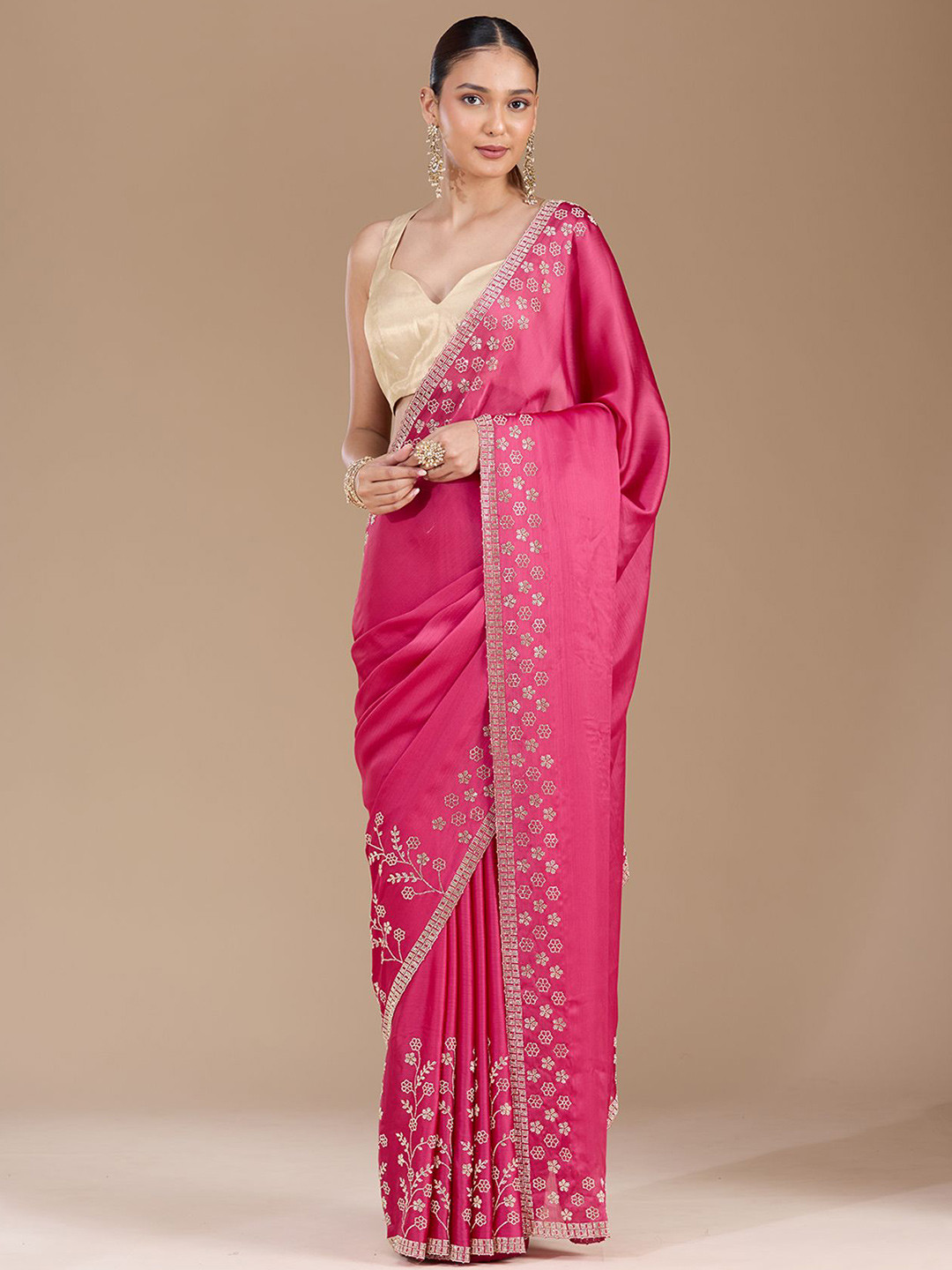 Koskii Pink Stonework Gold Chiffon Saree