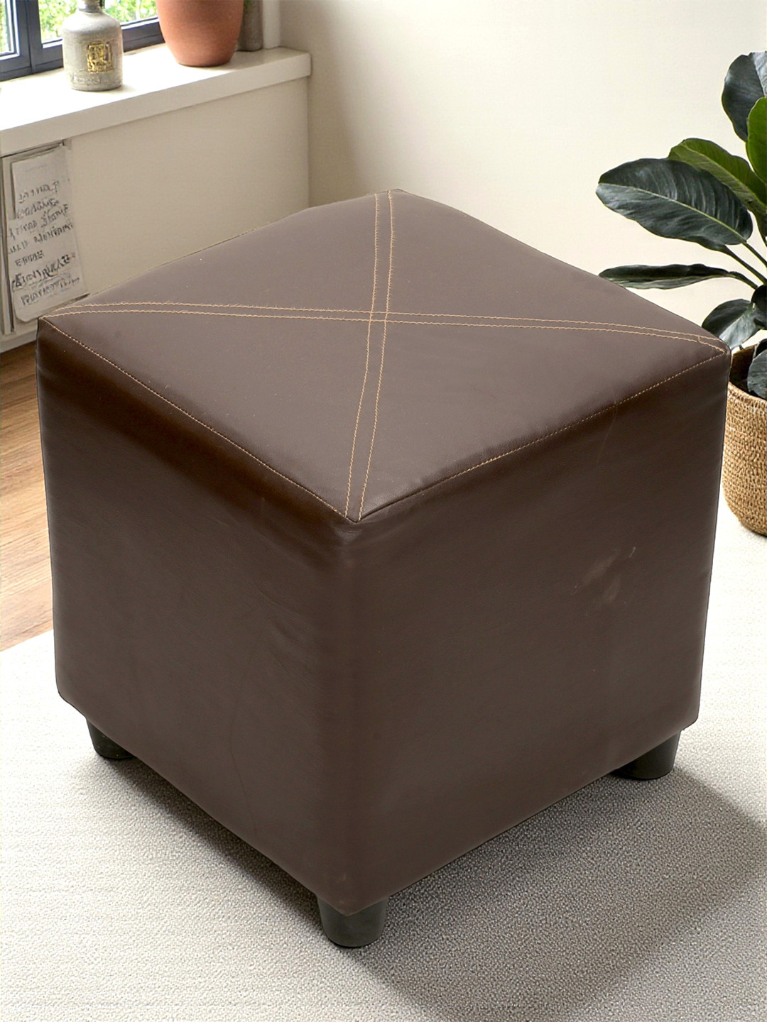 Ikiriya Asteria Solid Wood Ottoman Pouffee In Brown Leatherite