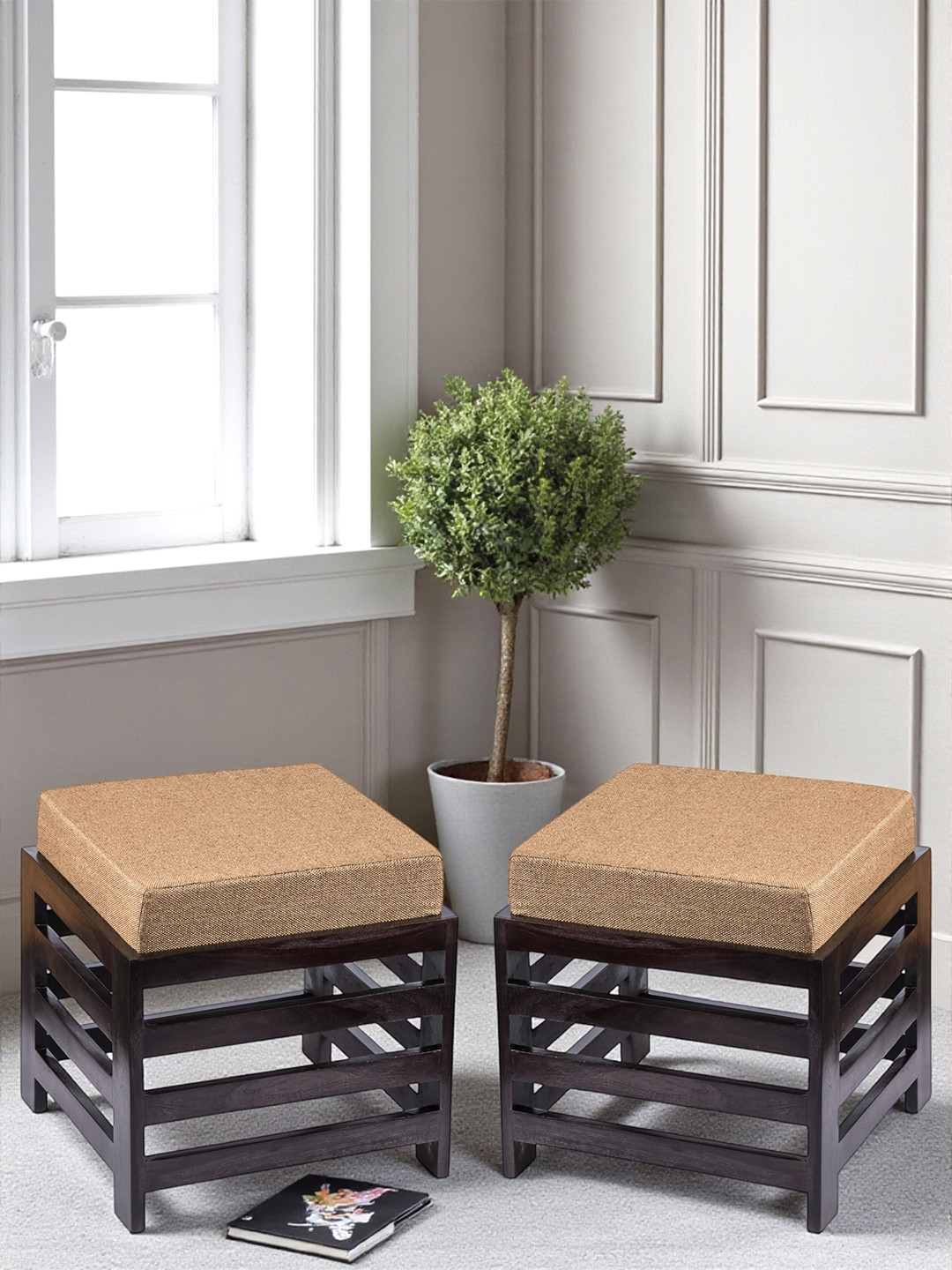 Ikiriya Sheesham Wood Set Of 2 Stool In Extra Dark Mahagony Finish With Jute Beige Cushion