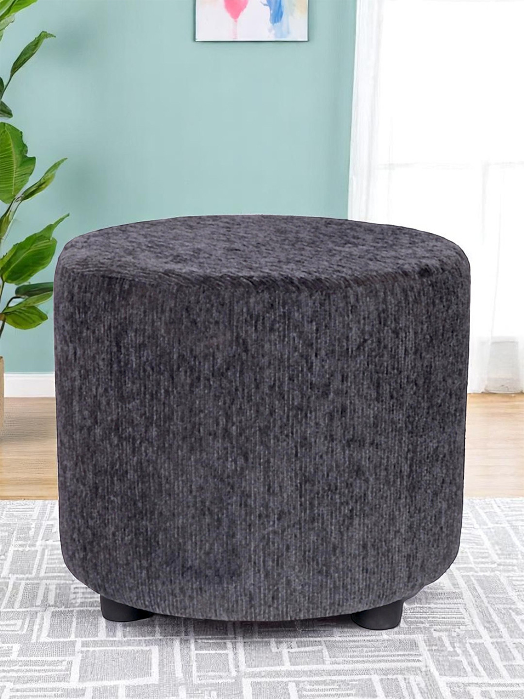 Ikiriya Lisbon Solid Wood Ottoman Pouffee In Mossy Grey Fabric