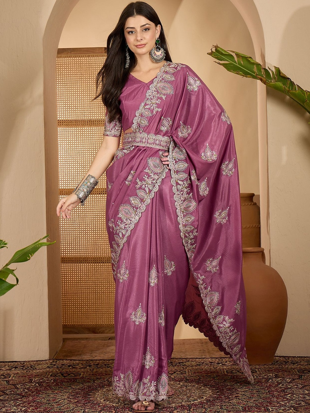 Desi Fusion Purple Ethnic Motifs Embroidered Silk Blend Heavy Work Saree