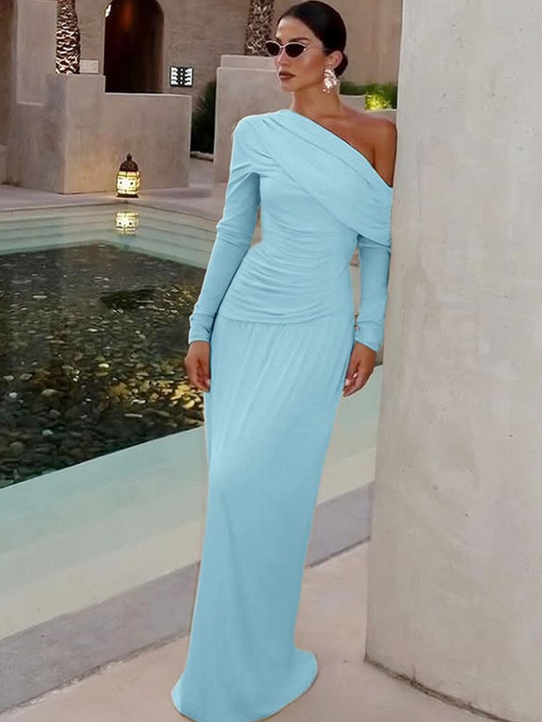 LULU & SKY Women One Shoulde rRuched Detail Maxi Dress