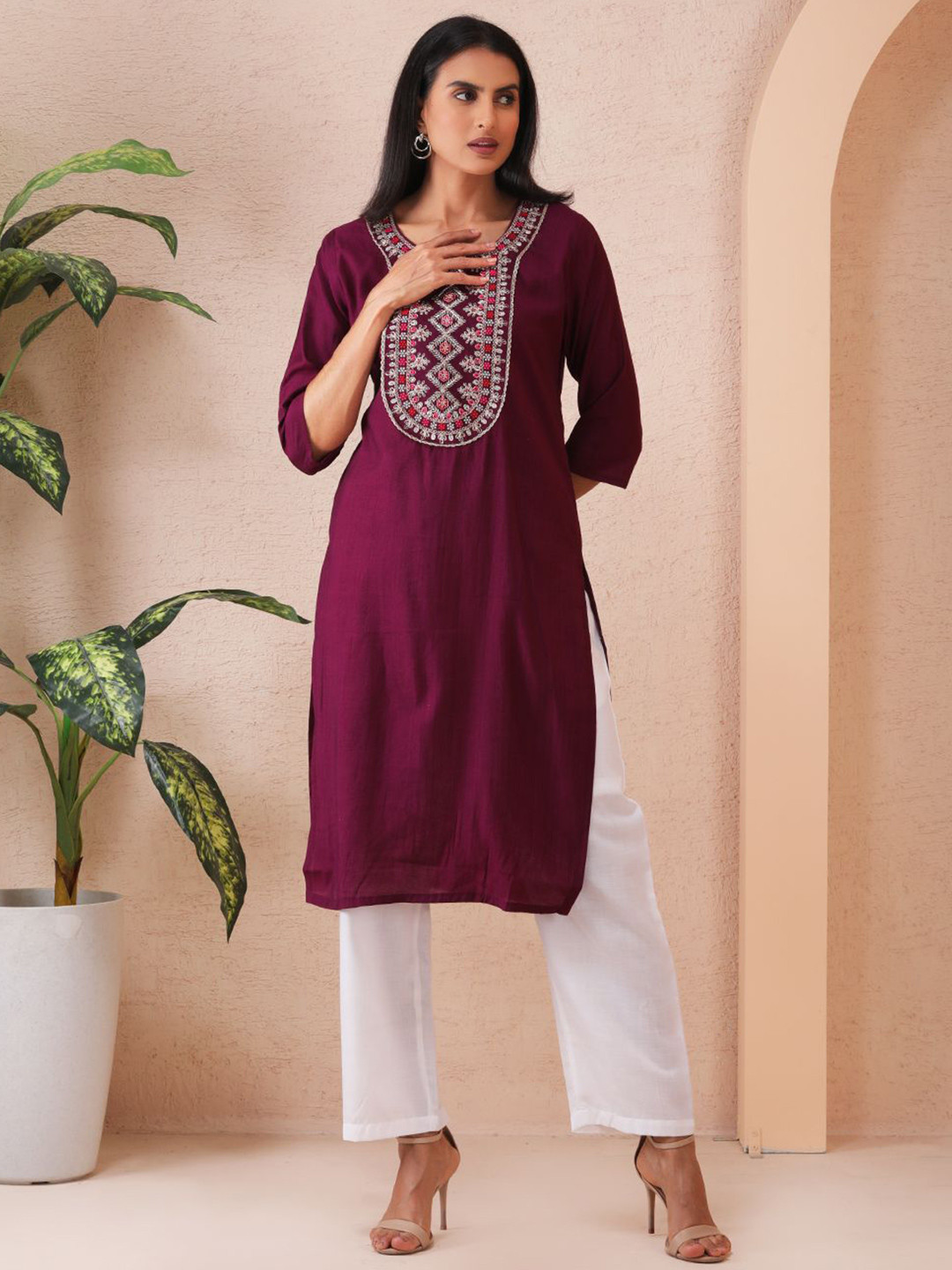 Sold For Style Floral Yoke Design Thread Work Pure Cotton Round Neck Straight Kurta