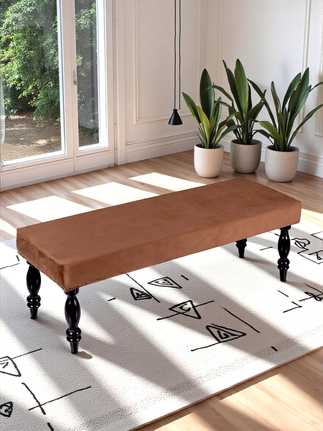 Ikiriya Cairo Sheesham Wood Accent 3 Seater Bench In Taupe Brown Velvet