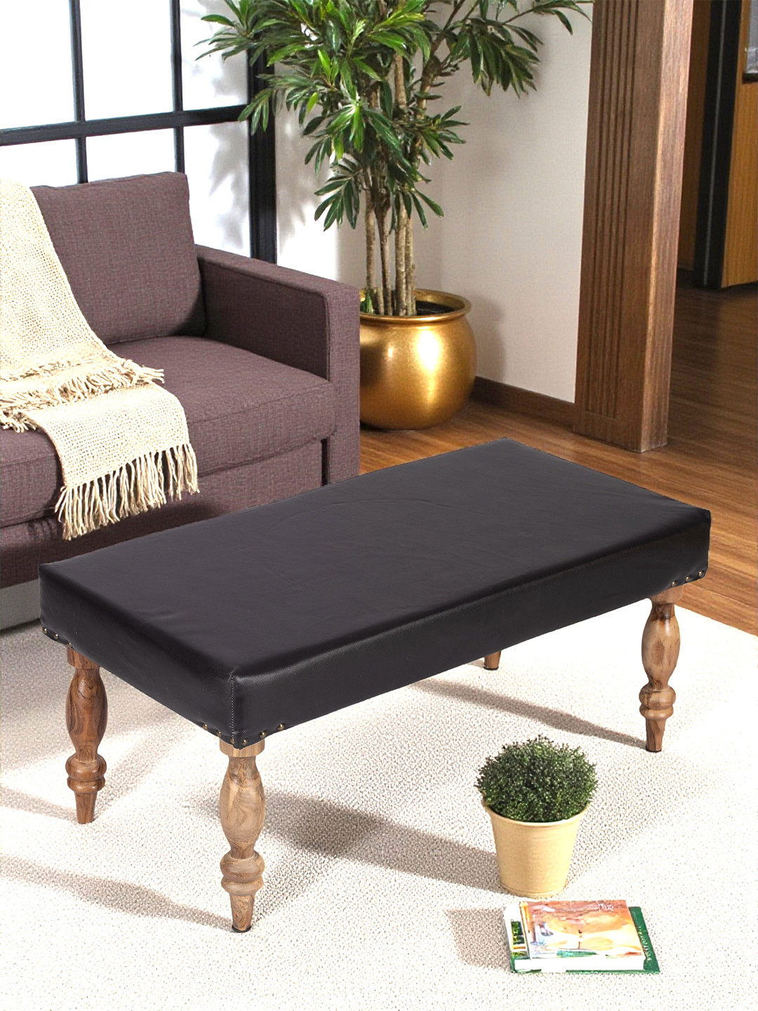 Ikiriya Bestone Sheesham Wood Accent 2 Seater Bench In Black Leatherite